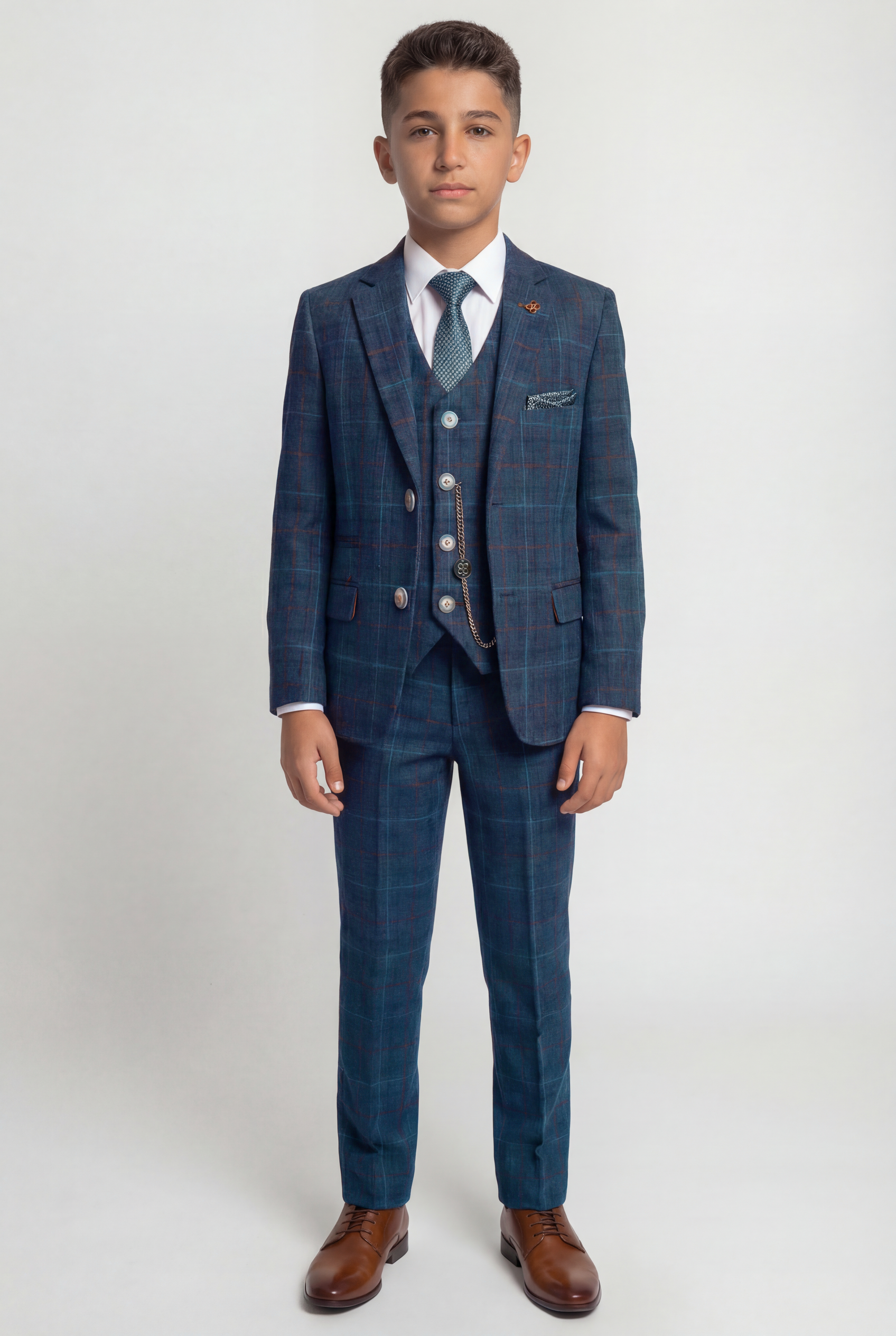 Boys Tweed Windowpane Check Suit - CODY Blue - Navy Blue