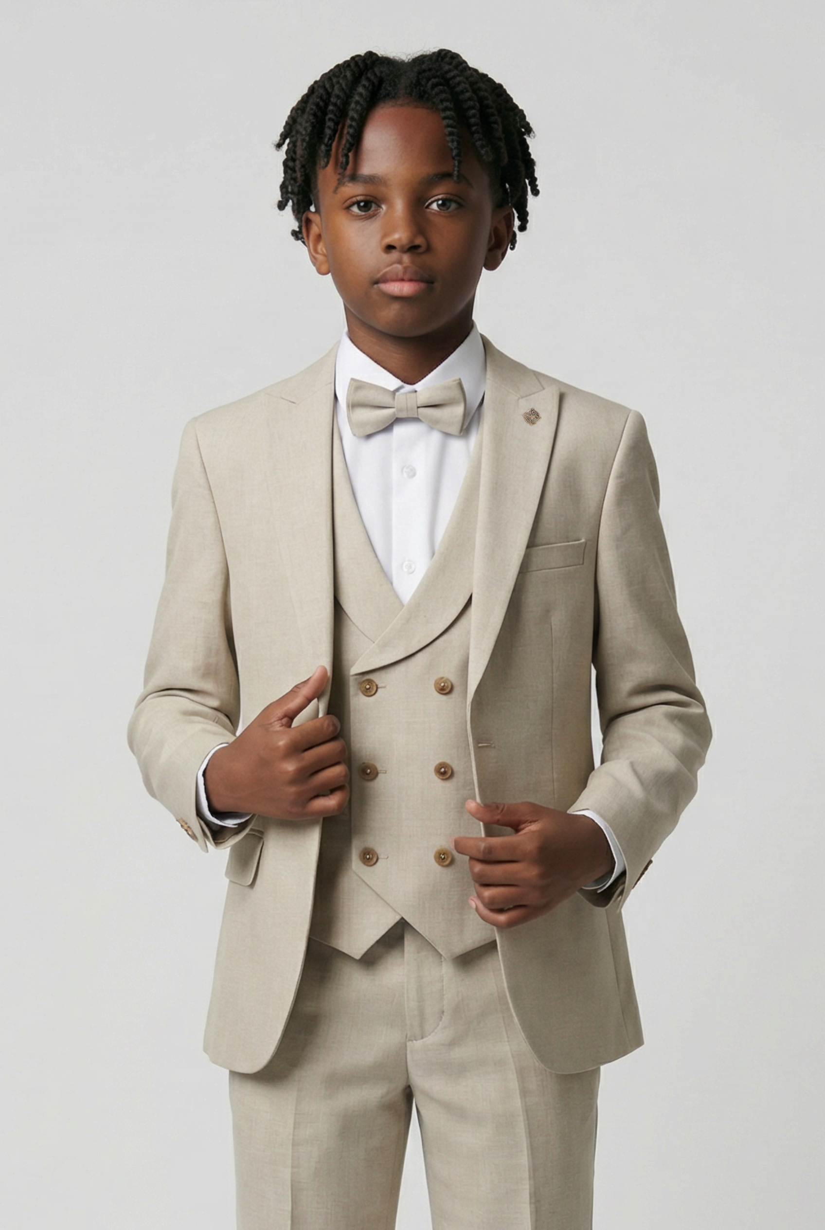 Boys 5-Piece Formal Prom Suit with Double Breasted Waistcoat - Beige