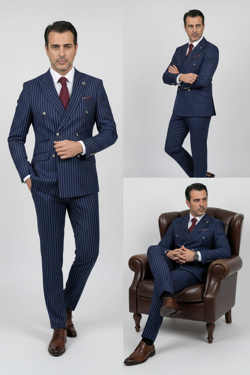 Men’s 2 Piece Double Breasted Pinstripe Suit - EVAN NAVY  