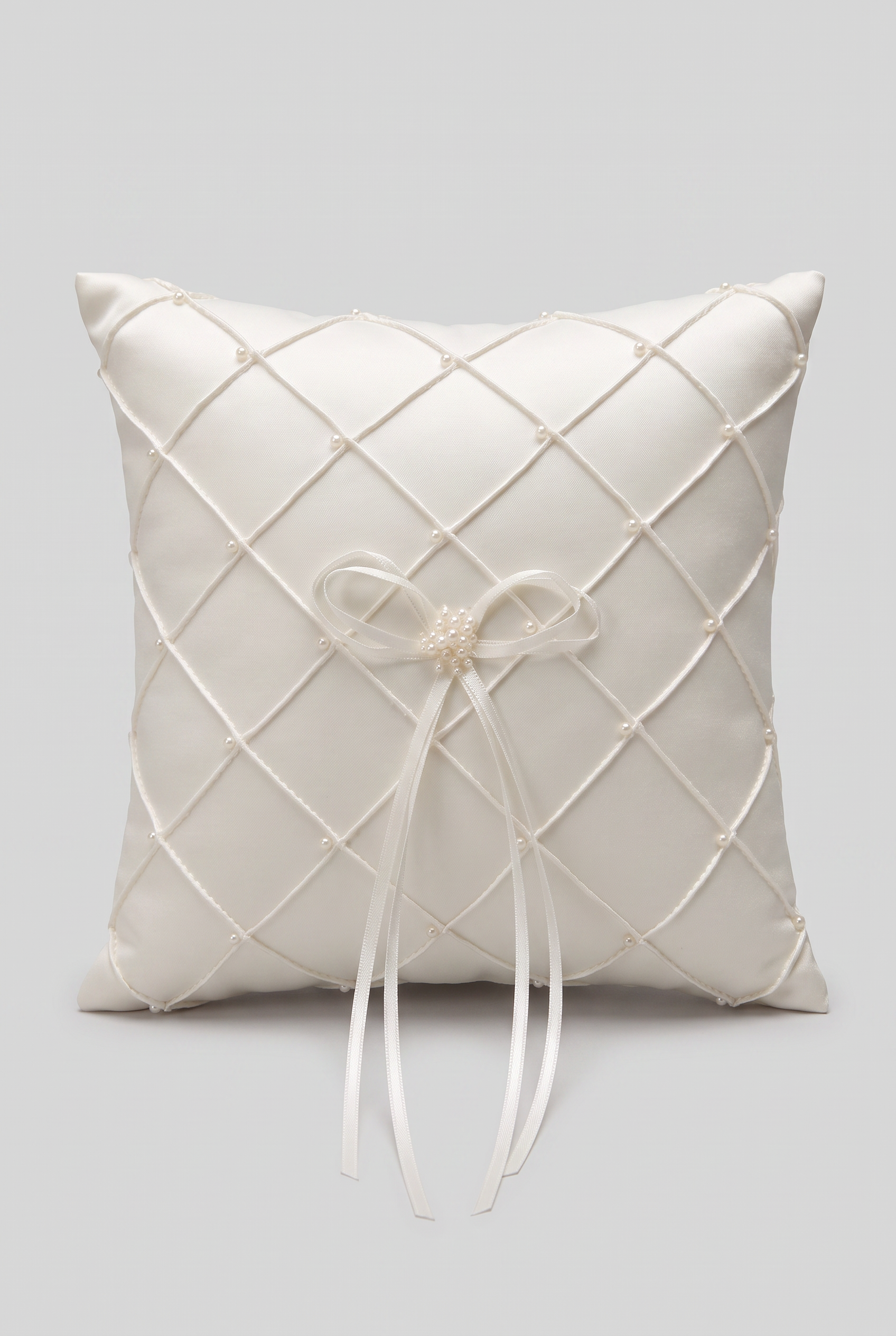 Elegant Wedding Ring Bearer Pillow with Pearl Lattice & Ribbon Detail - Ivory