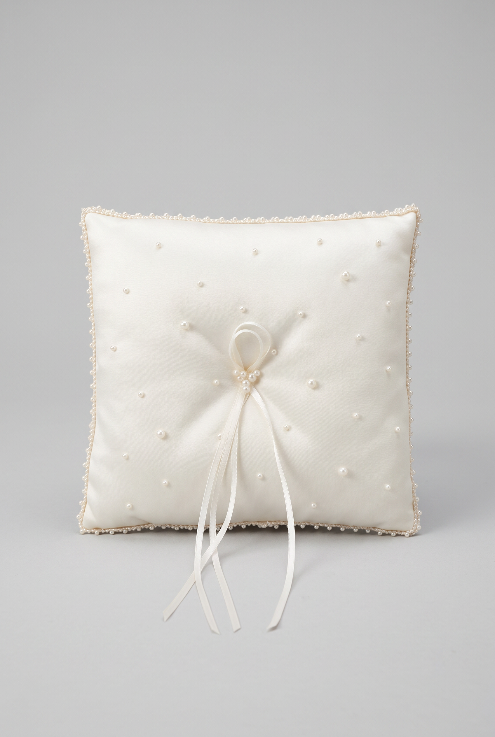 Elegant Wedding Ring Bearer Pillow with Pearl & Ribbon Details - Ivory Front Picture