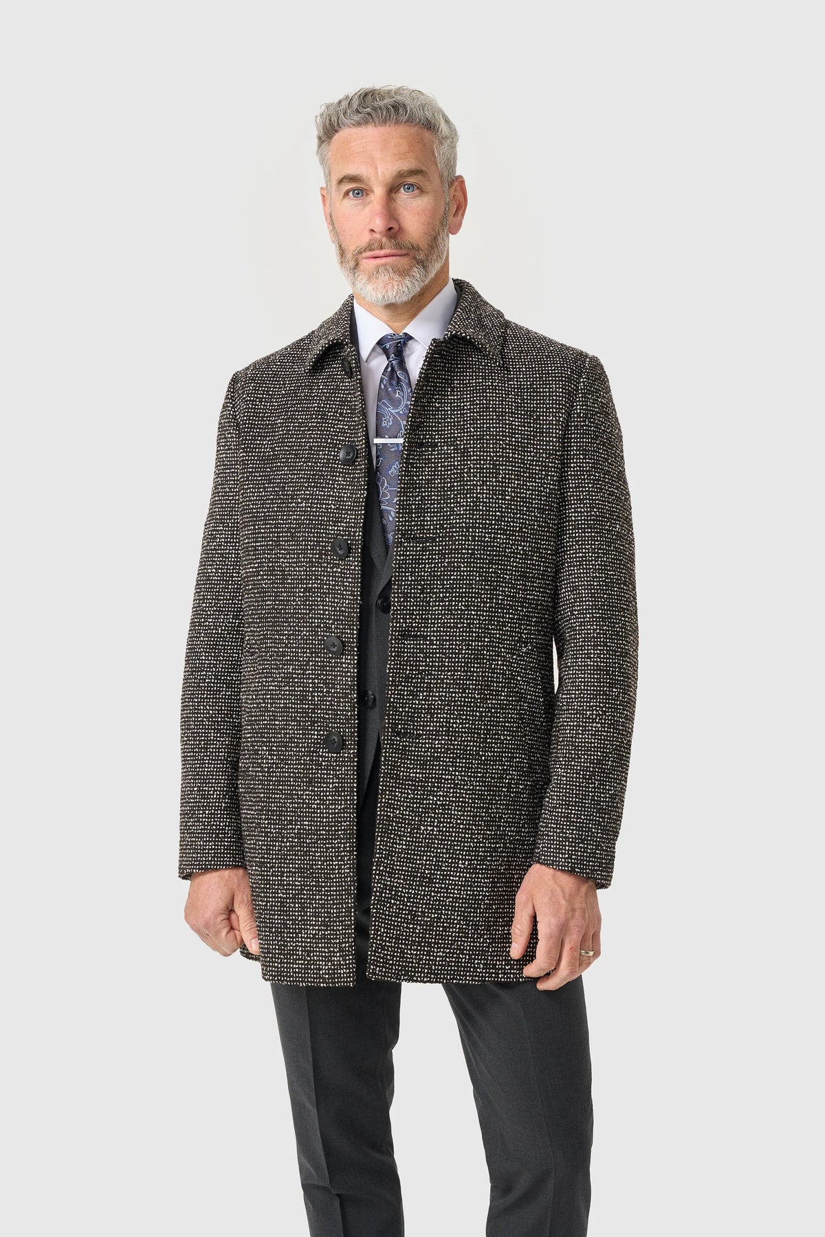 Men’s Wool Blend Textured Tweed Overcoat - Cavani Ettora Black & Grey Model Picture