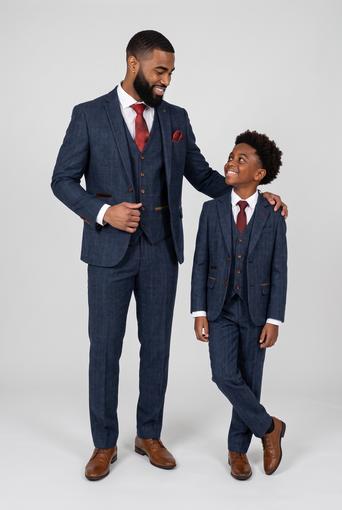 Father & Son Matching 3-Piece Tweed Herringbone Suit - Paul Andrew Scott Navy