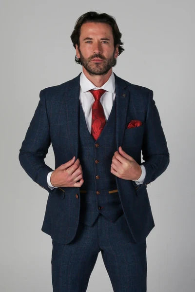 Father & Son Matching 3-Piece Tweed Herringbone Suit - Paul Andrew Scott Navy