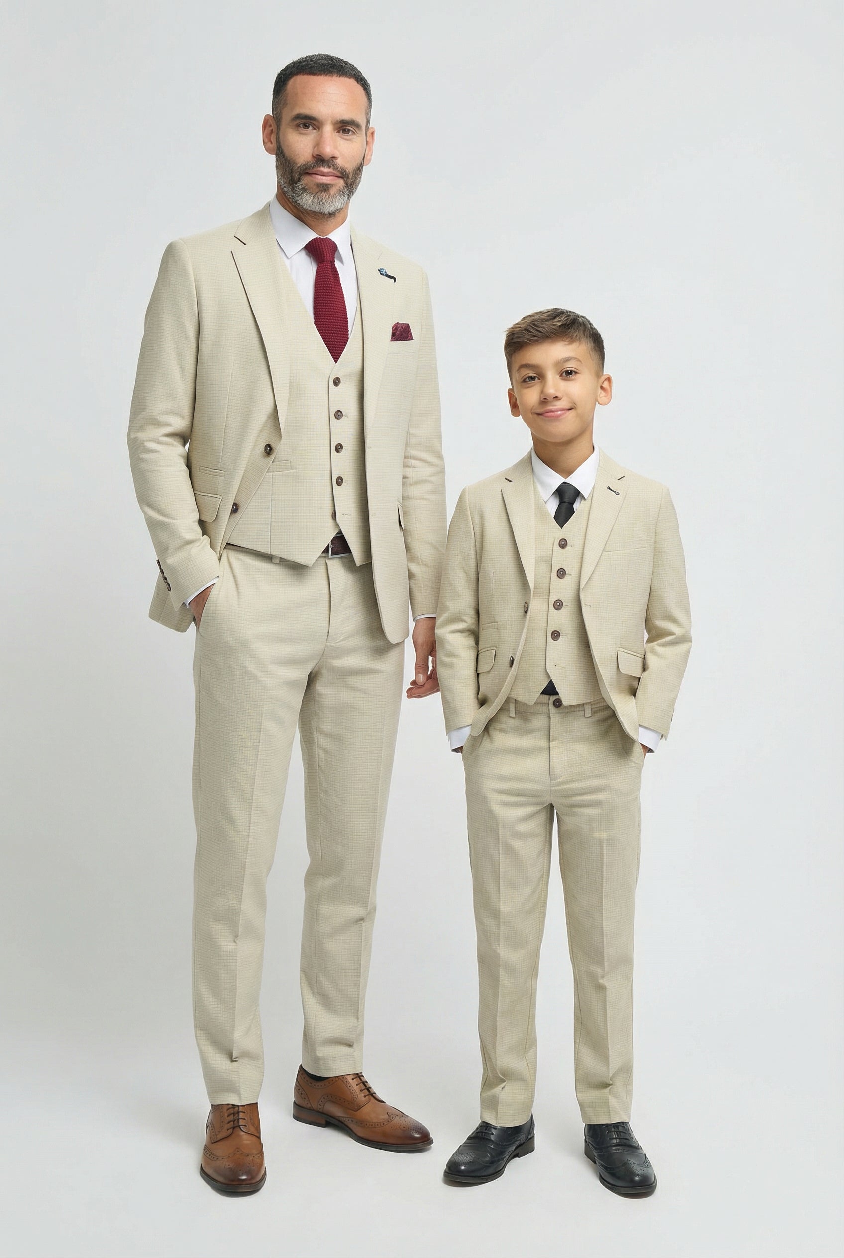 Father & Son Matching Cotton Microcheck 3-Piece Suit Set - Hampton Beige