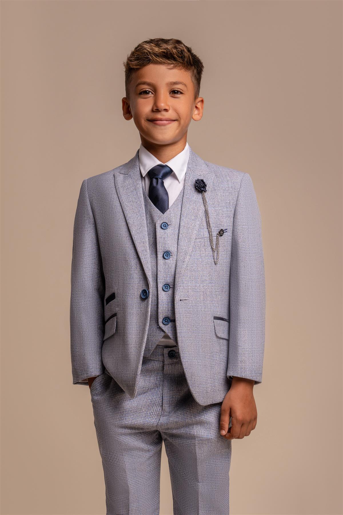 Father & Son Matching Glen Check Wool Tweed 3-Piece Suit Set - Caridi  - Sky Blue