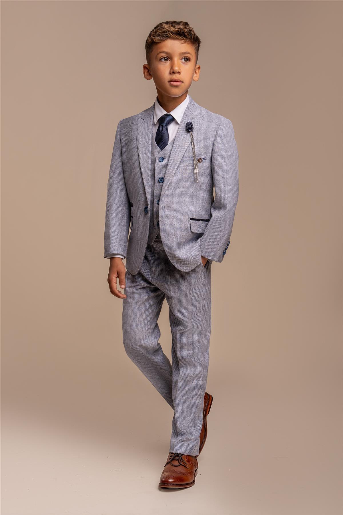 Father & Son Matching Glen Check Wool Tweed 3-Piece Suit Set - Caridi  - Sky Blue