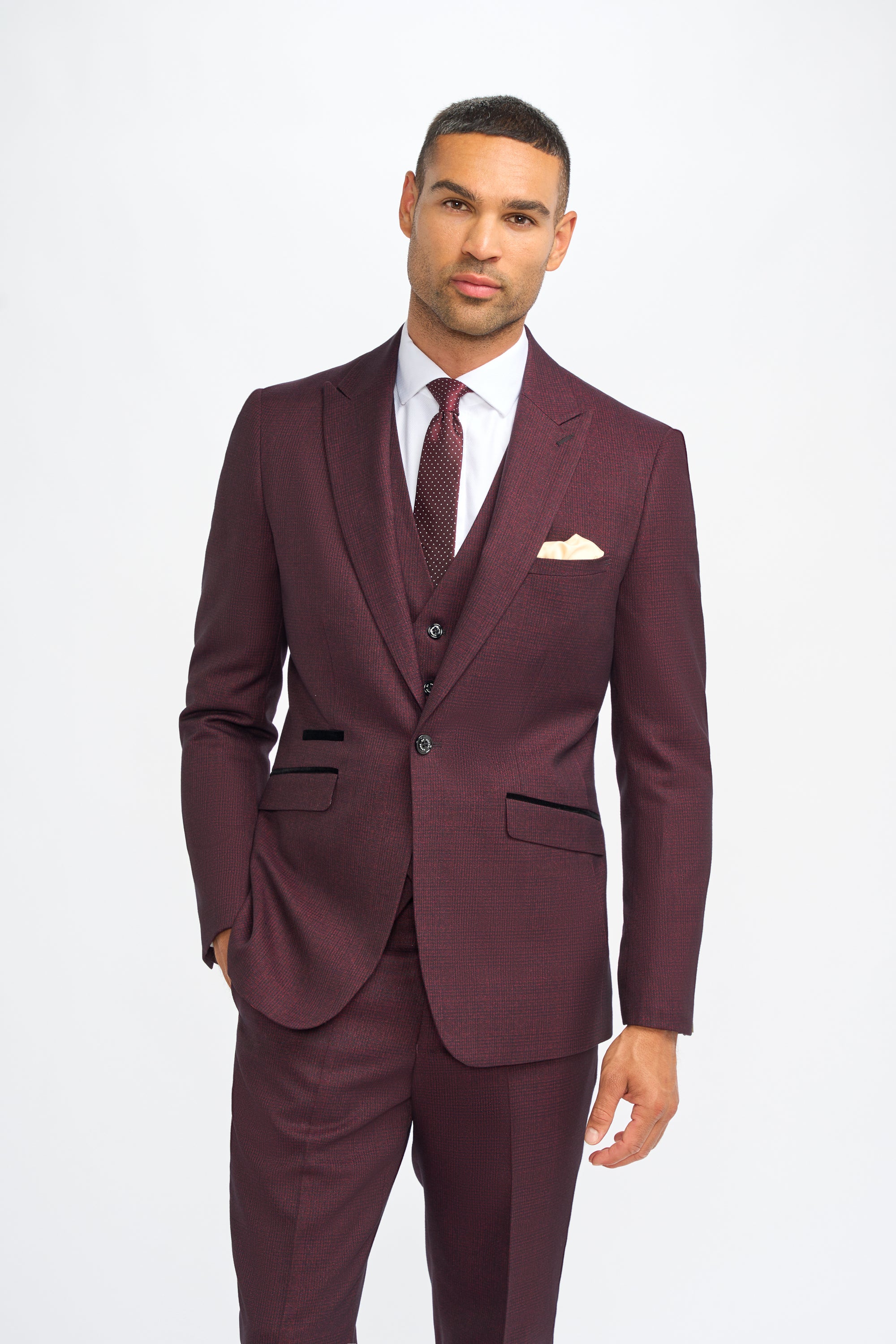 Father & Son Matching Glen Check Wool Tweed 3-Piece Suit Set - Caridi Wine