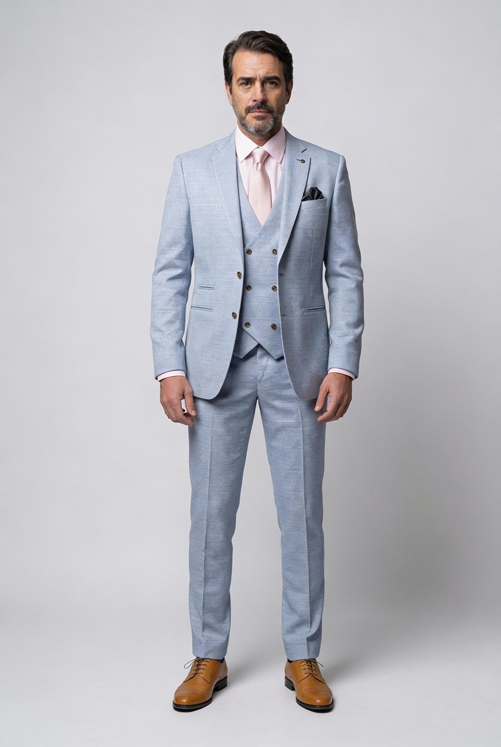 Father & Son Matching Glen Check Wool Tweed 3-Piece Suit Set - Luis Light Blue