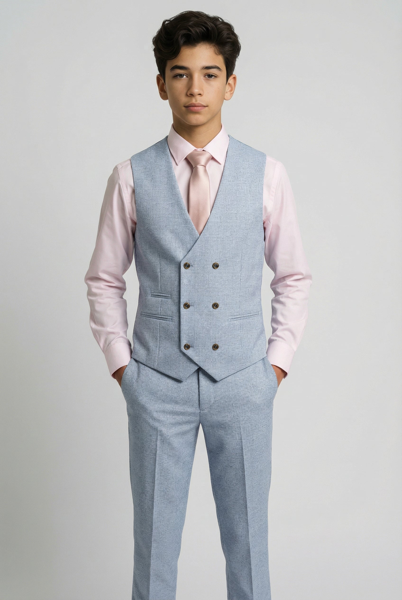 Father & Son Matching Glen Check Wool Tweed 3-Piece Suit Set - Luis Light Blue