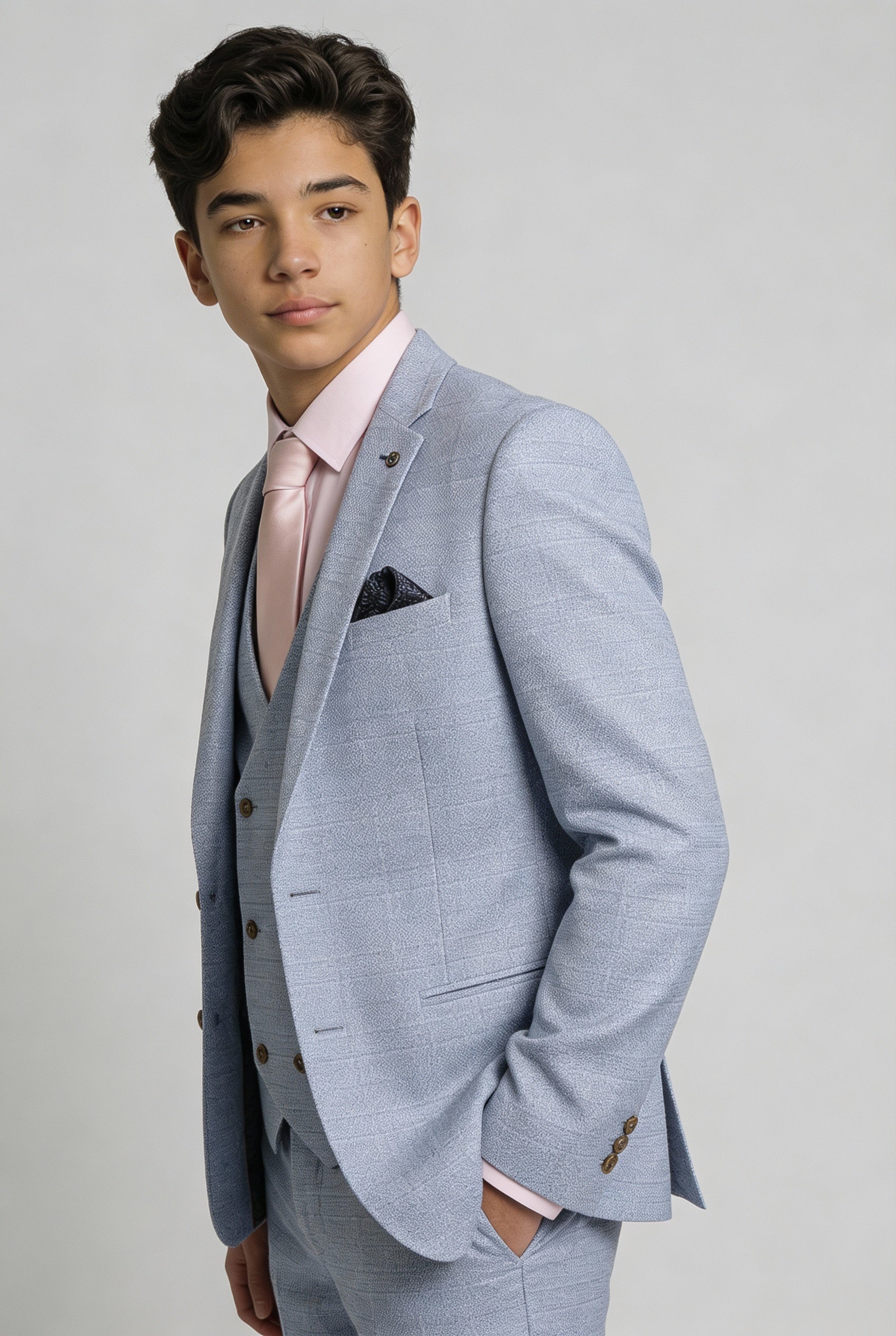 Father & Son Matching Glen Check Wool Tweed 3-Piece Suit Set - Luis Light Blue