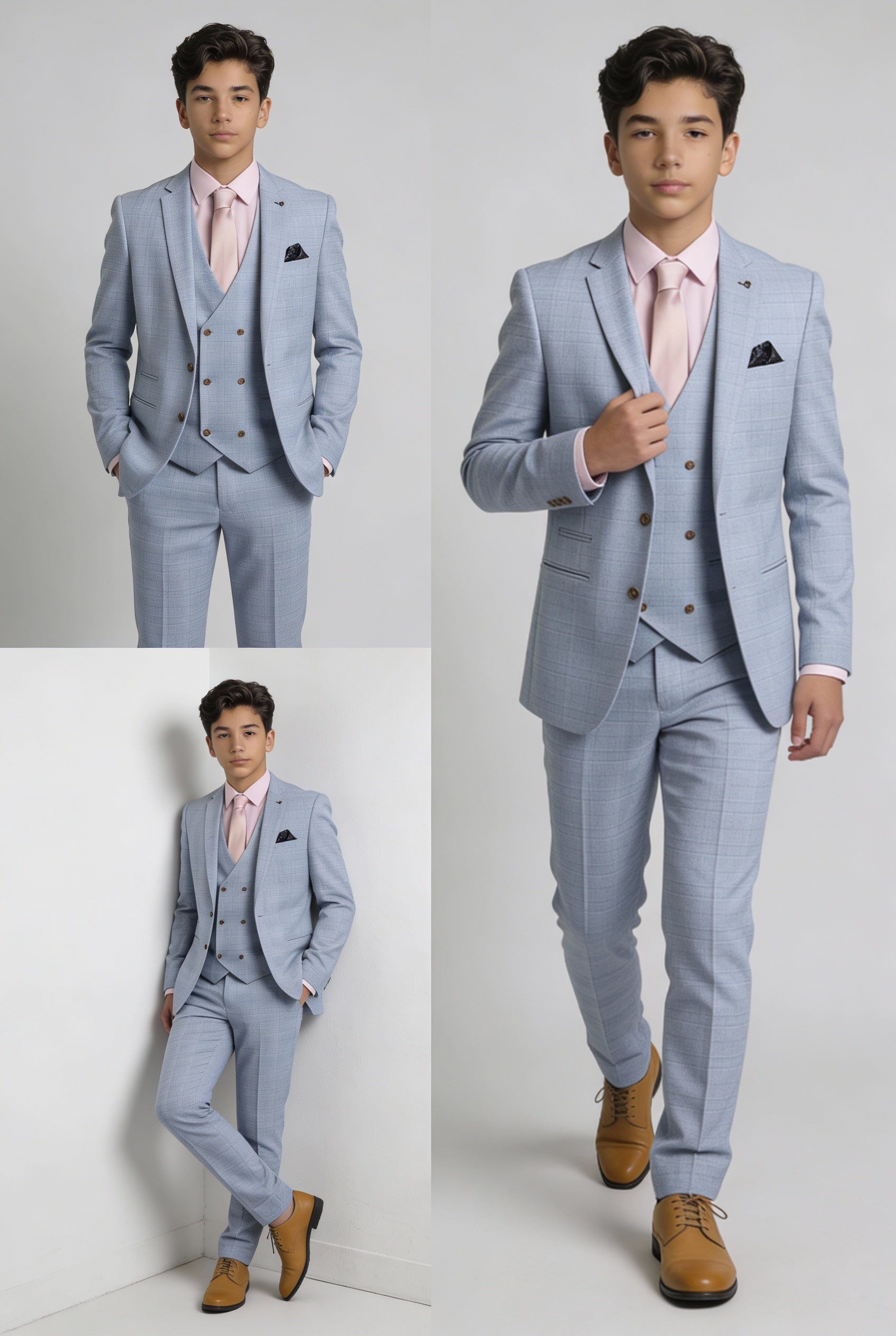 Father & Son Matching Glen Check Wool Tweed 3-Piece Suit Set - Luis Light Blue