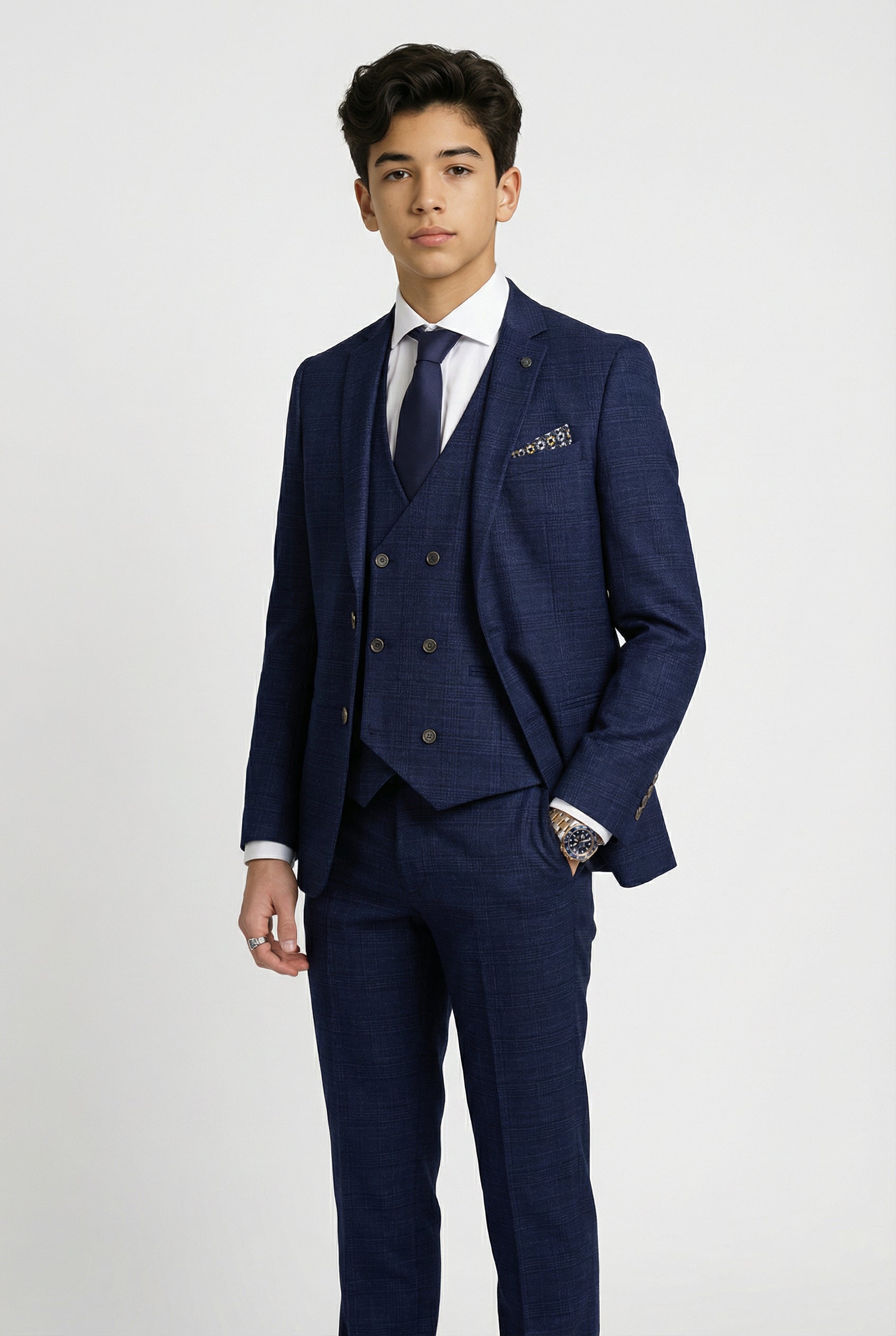 Father & Son Matching Glen Check Wool Tweed 3-Piece Suit Set - Luis Navy