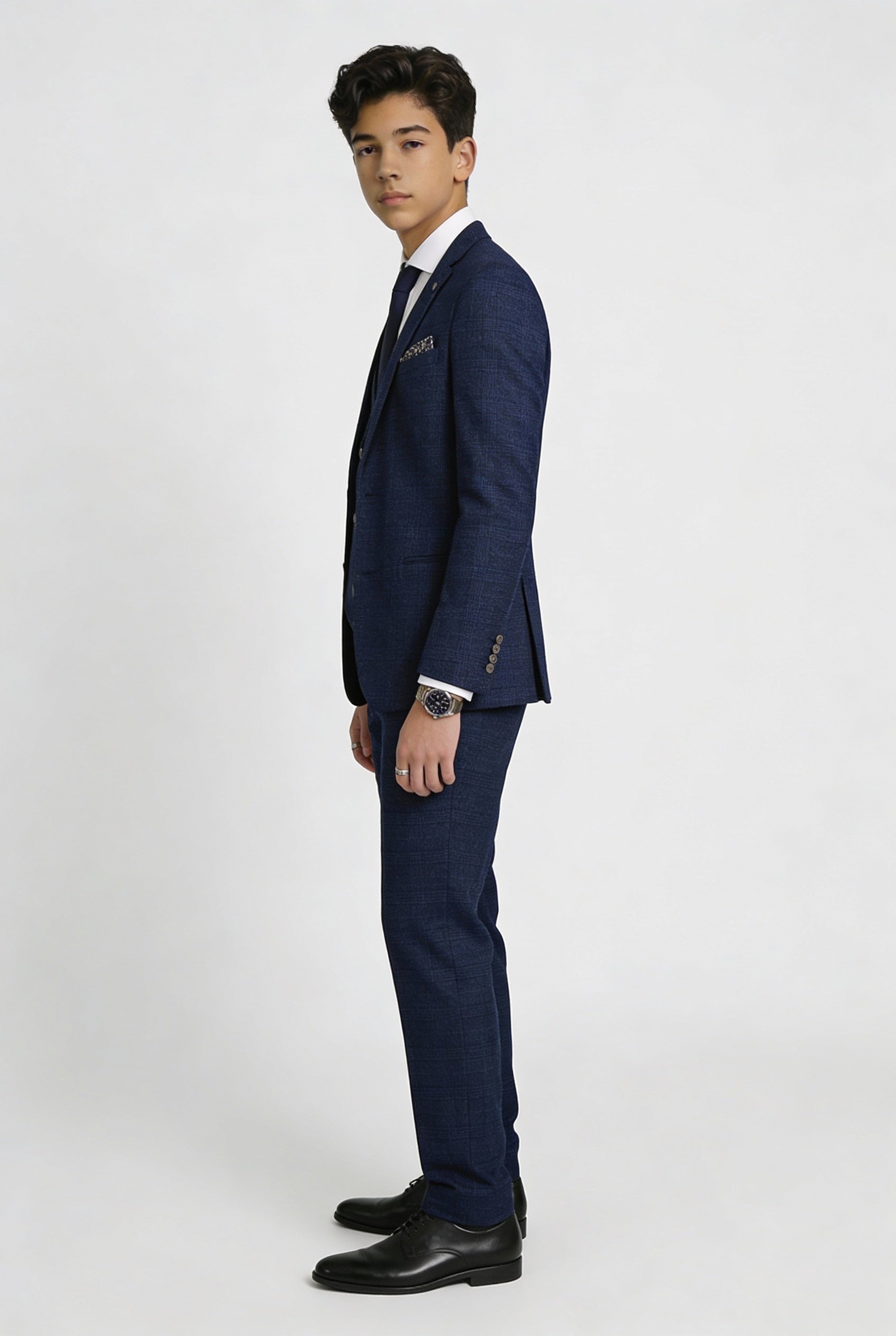 Father & Son Matching Glen Check Wool Tweed 3-Piece Suit Set - Luis Navy