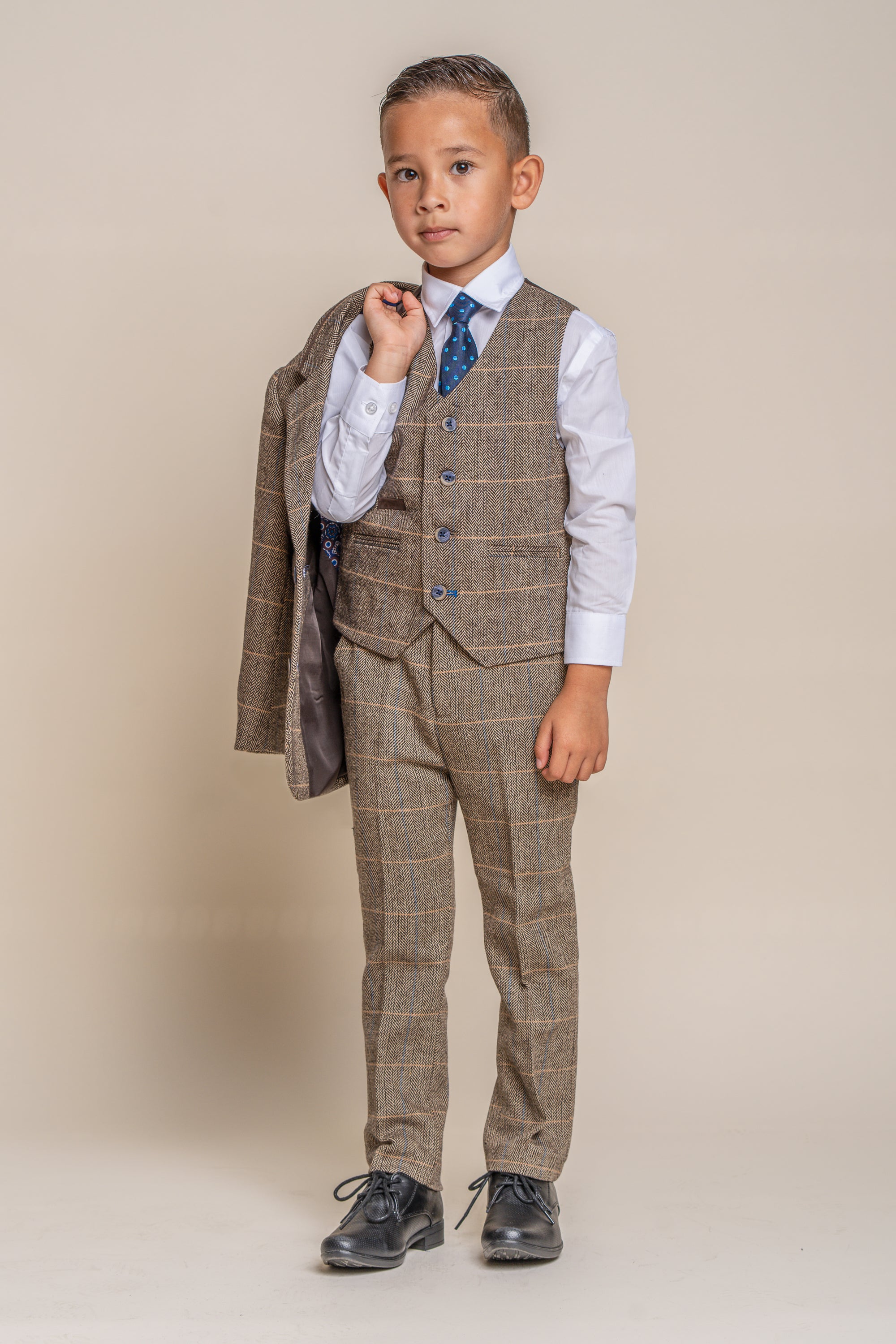 Father & Son Matching Herringbone Windowpane Check Tweed 3-Piece Suit Set - Albert  Brown
