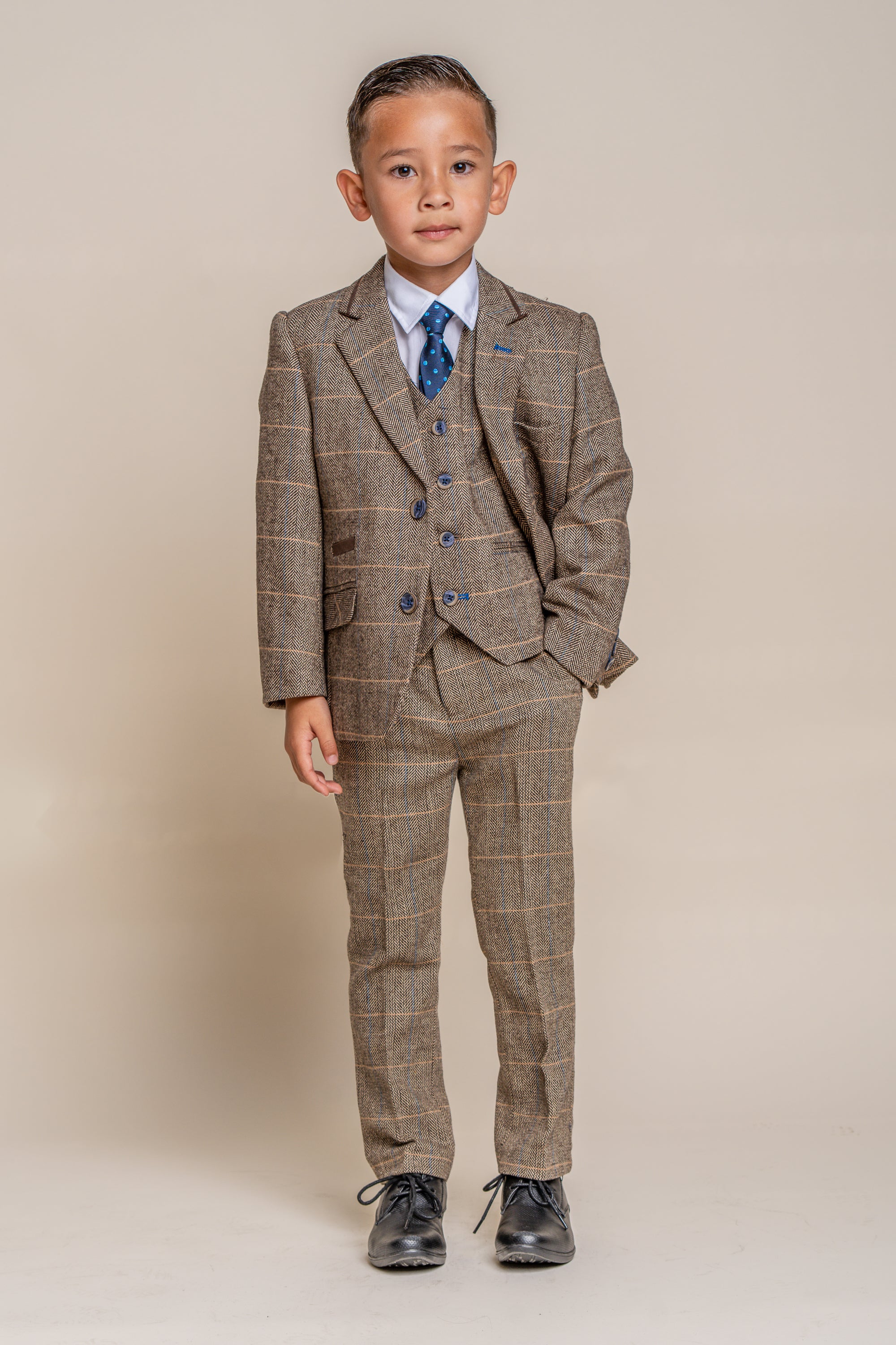 Father & Son Matching Herringbone Windowpane Check Tweed 3-Piece Suit Set - Albert  Brown