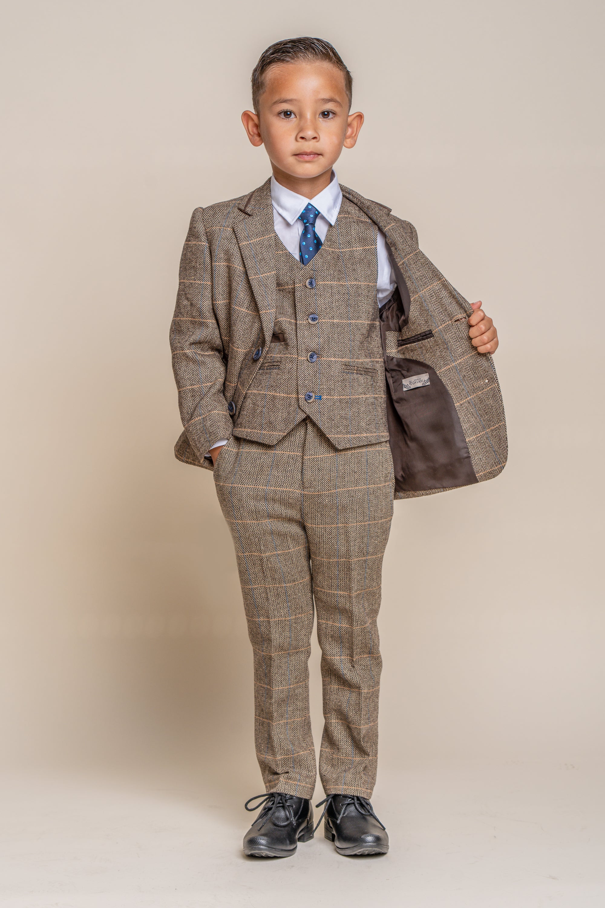Father & Son Matching Herringbone Windowpane Check Tweed 3-Piece Suit Set - Albert  Brown
