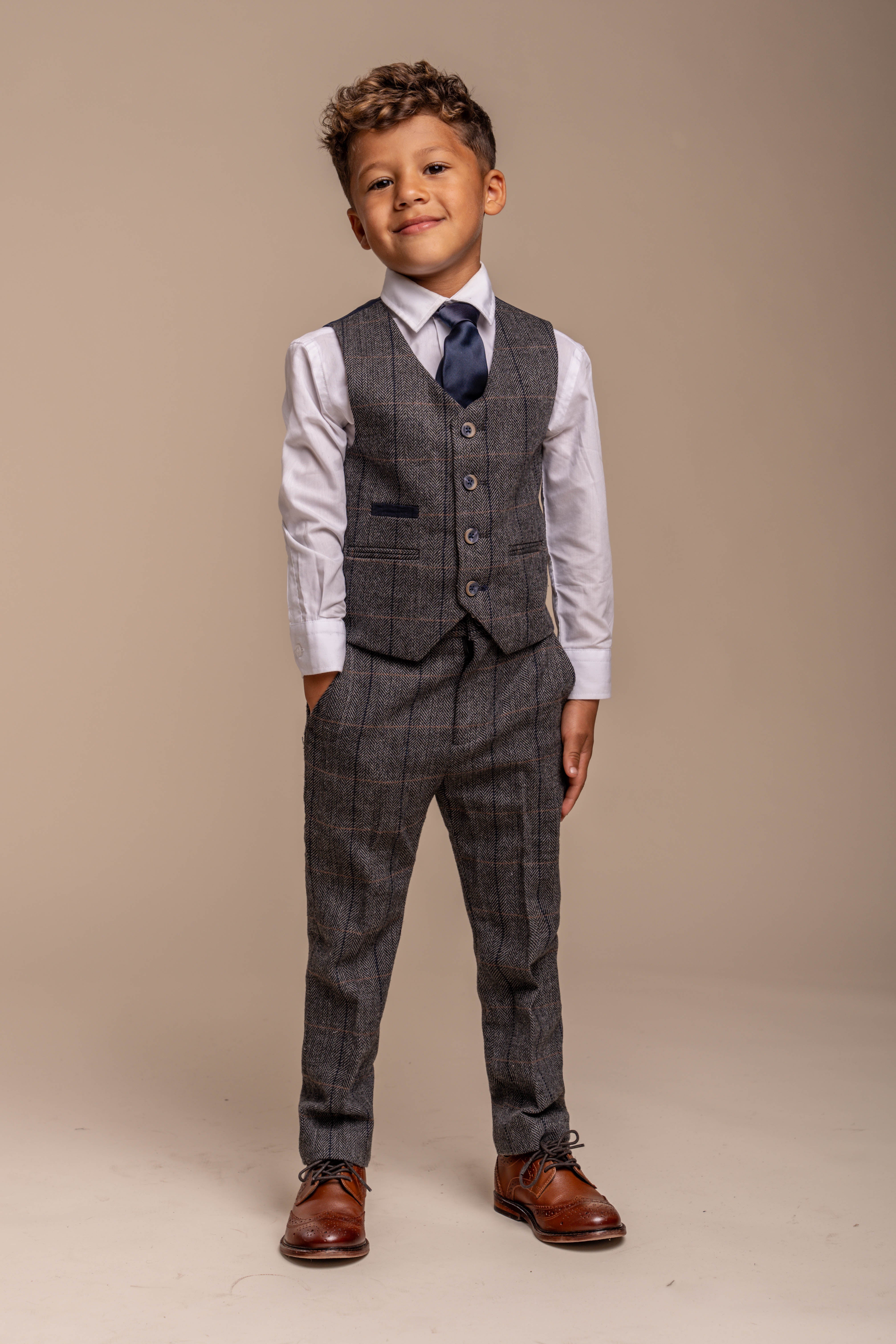 Father & Son Matching Herringbone Windowpane Check Tweed 3-Piece Suit Set - Albert  Grey