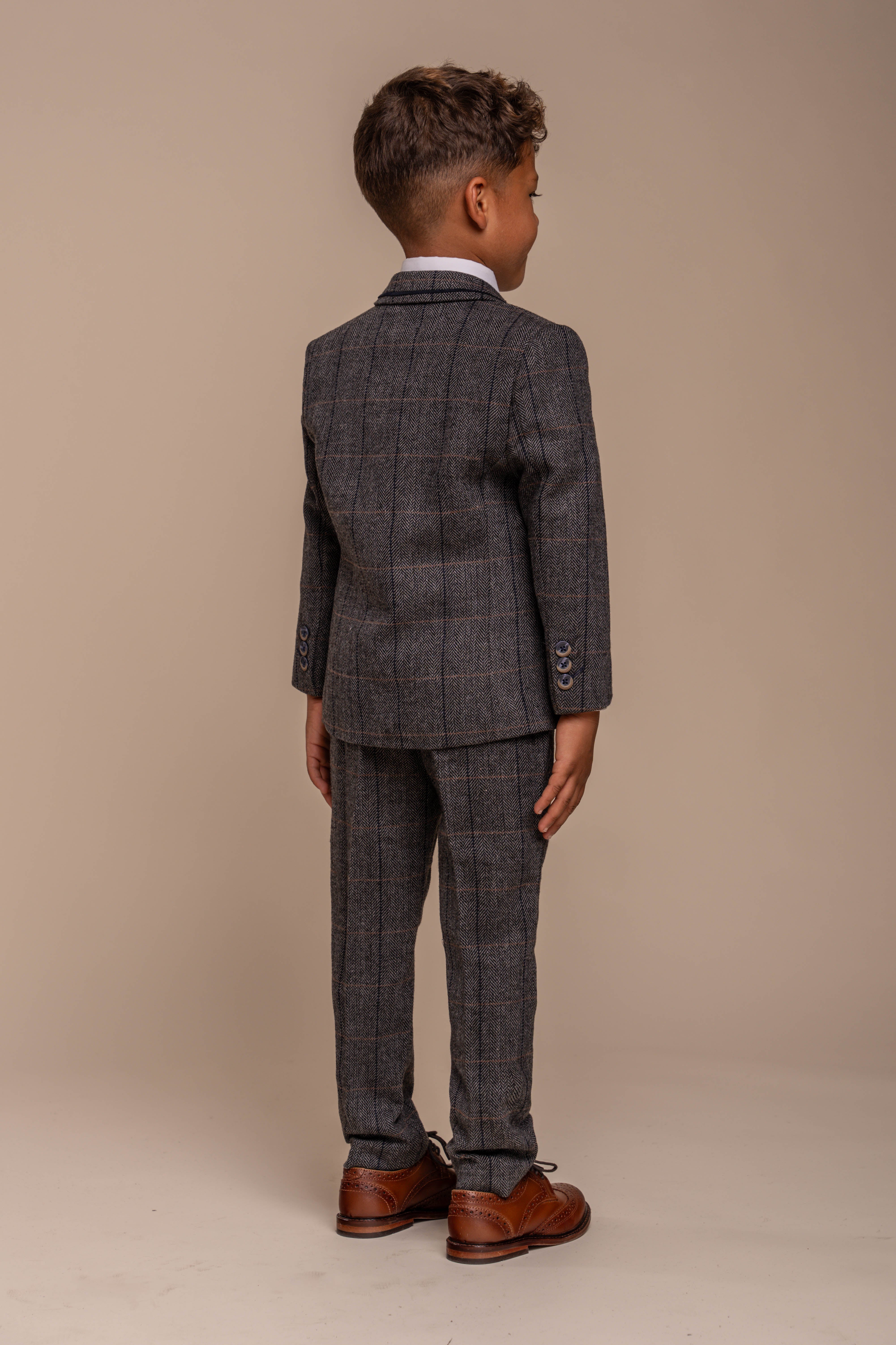 Father & Son Matching Herringbone Windowpane Check Tweed 3-Piece Suit Set - Albert  Grey