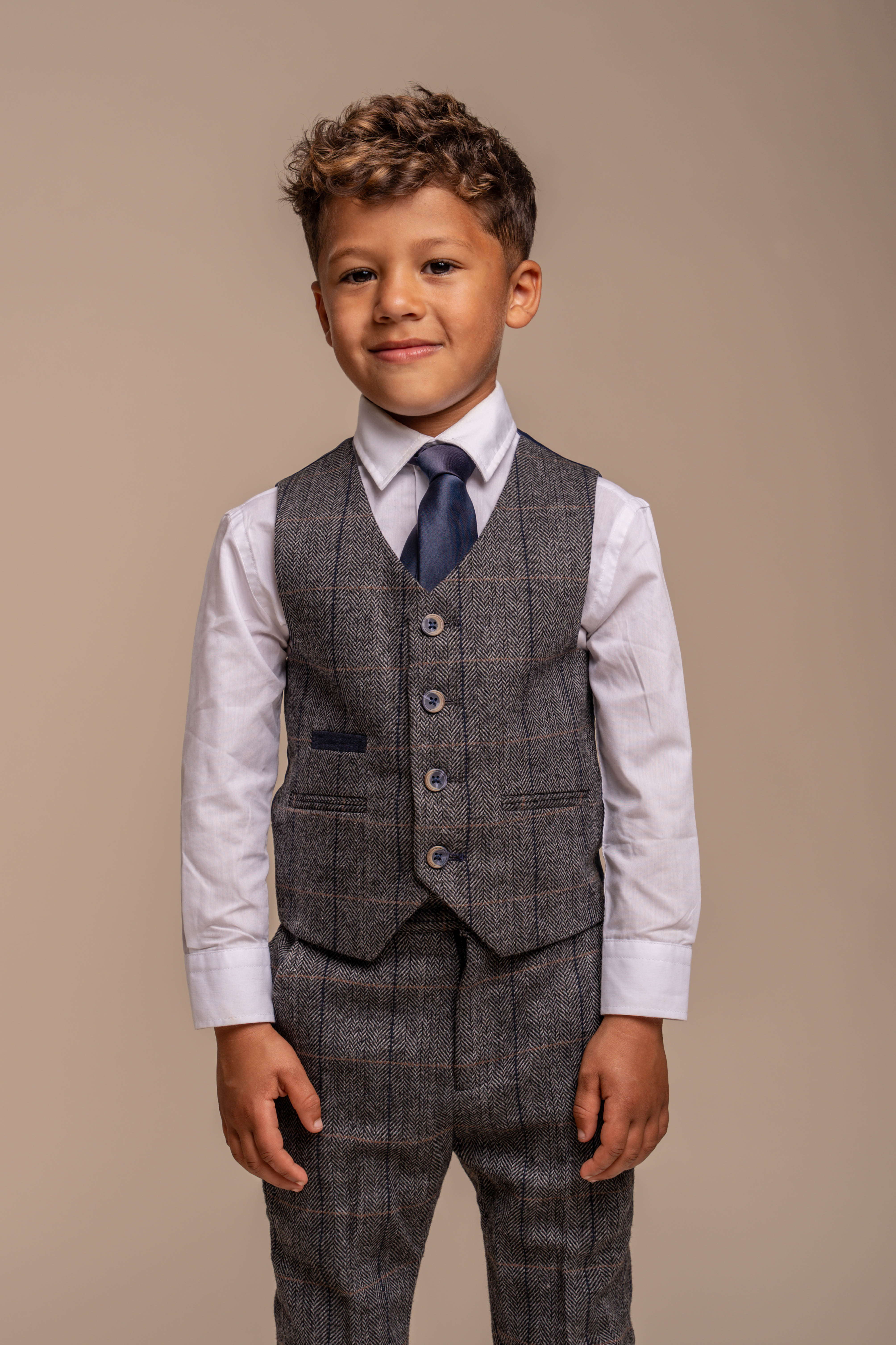 Father & Son Matching Herringbone Windowpane Check Tweed 3-Piece Suit Set - Albert  Grey