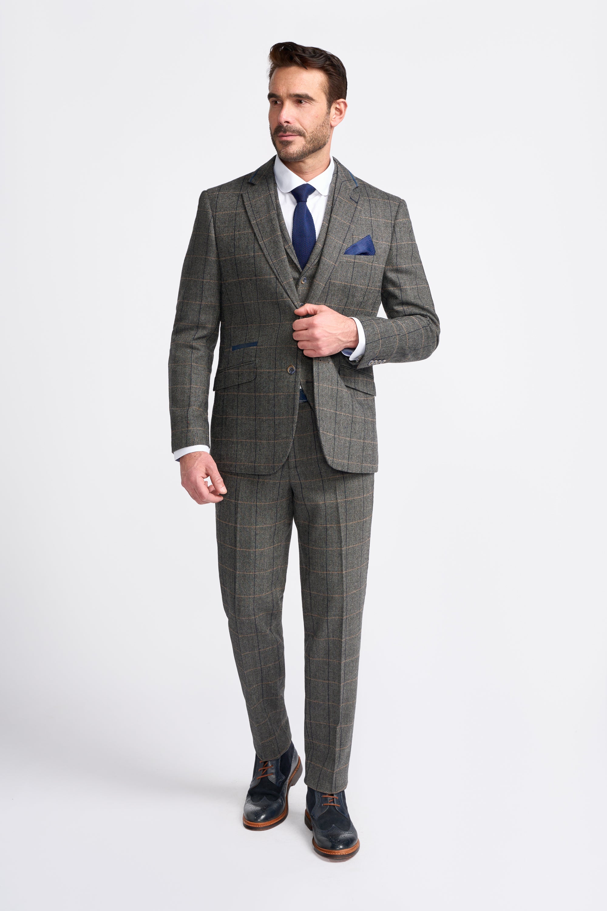 Father & Son Matching Herringbone Windowpane Check Tweed 3-Piece Suit Set - Albert  Grey