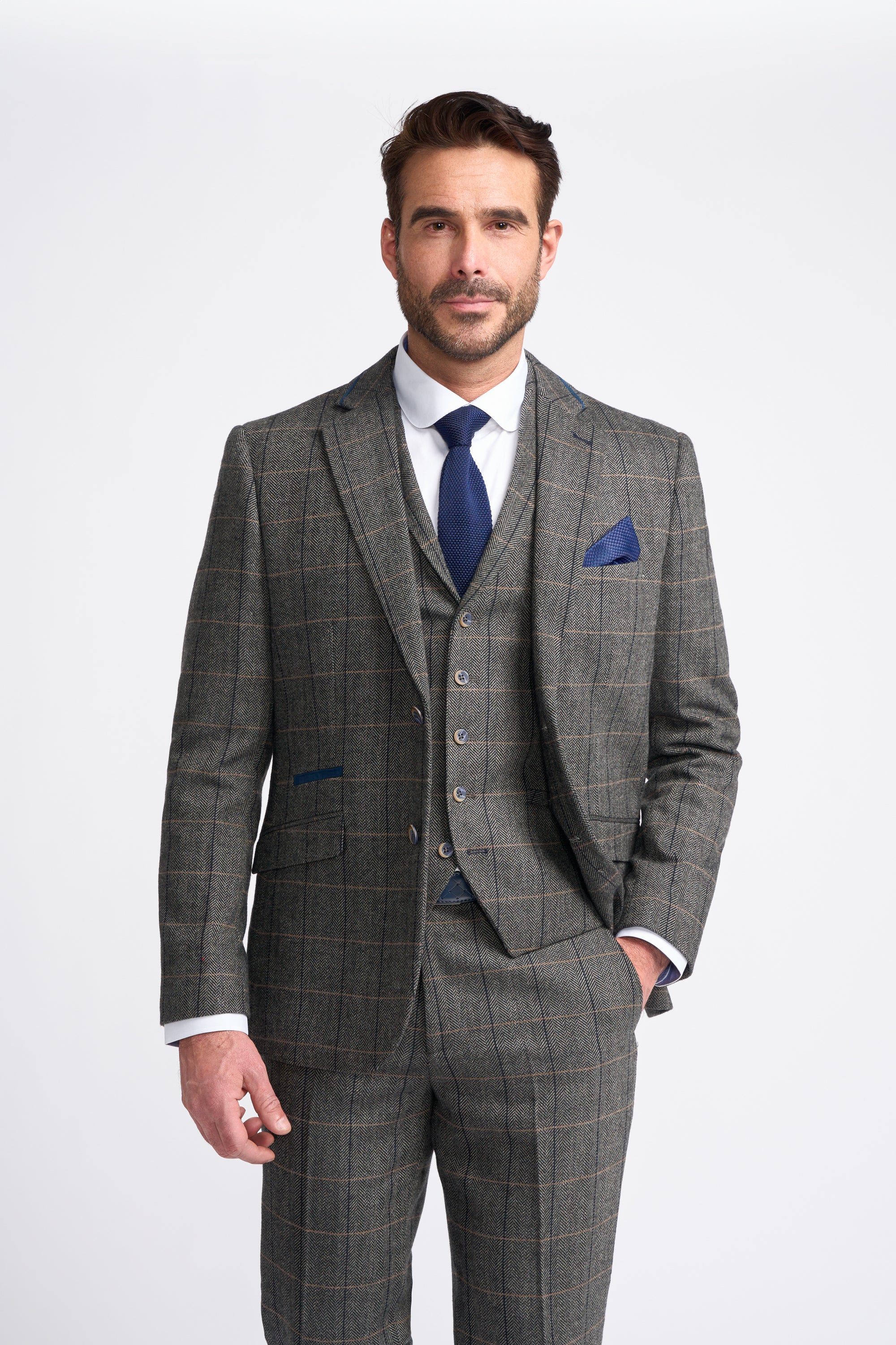 Father & Son Matching Herringbone Windowpane Check Tweed 3-Piece Suit Set - Albert  Grey