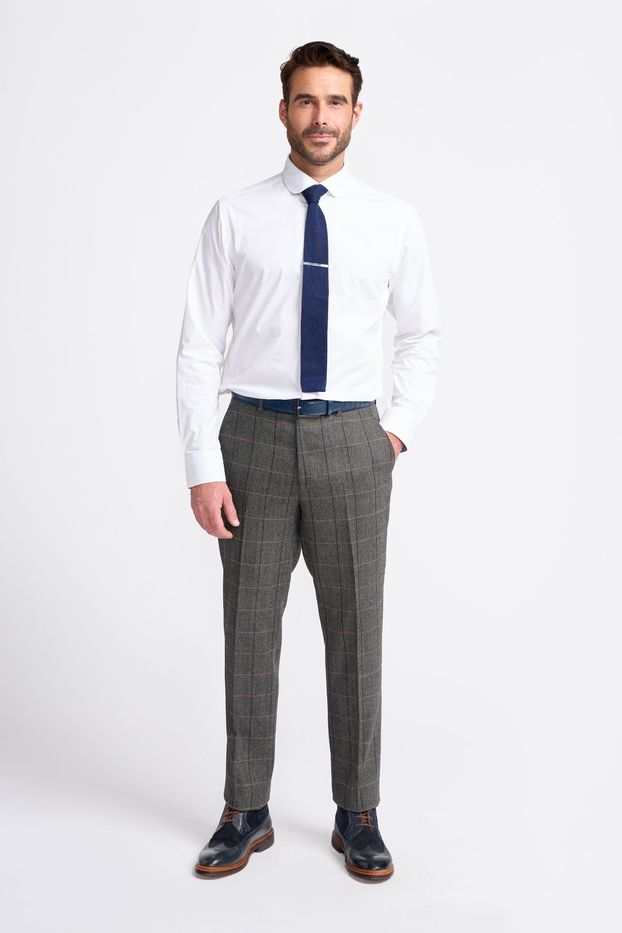 Father & Son Matching Herringbone Windowpane Check Tweed 3-Piece Suit Set - Albert  Grey
