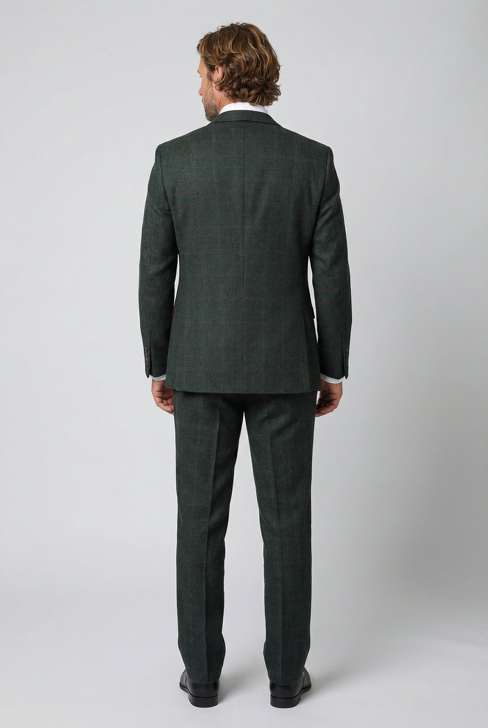 Father & Son Matching Windowpane Check Wool Tweed 3-Piece Suit Set - Joshua - Dark Green