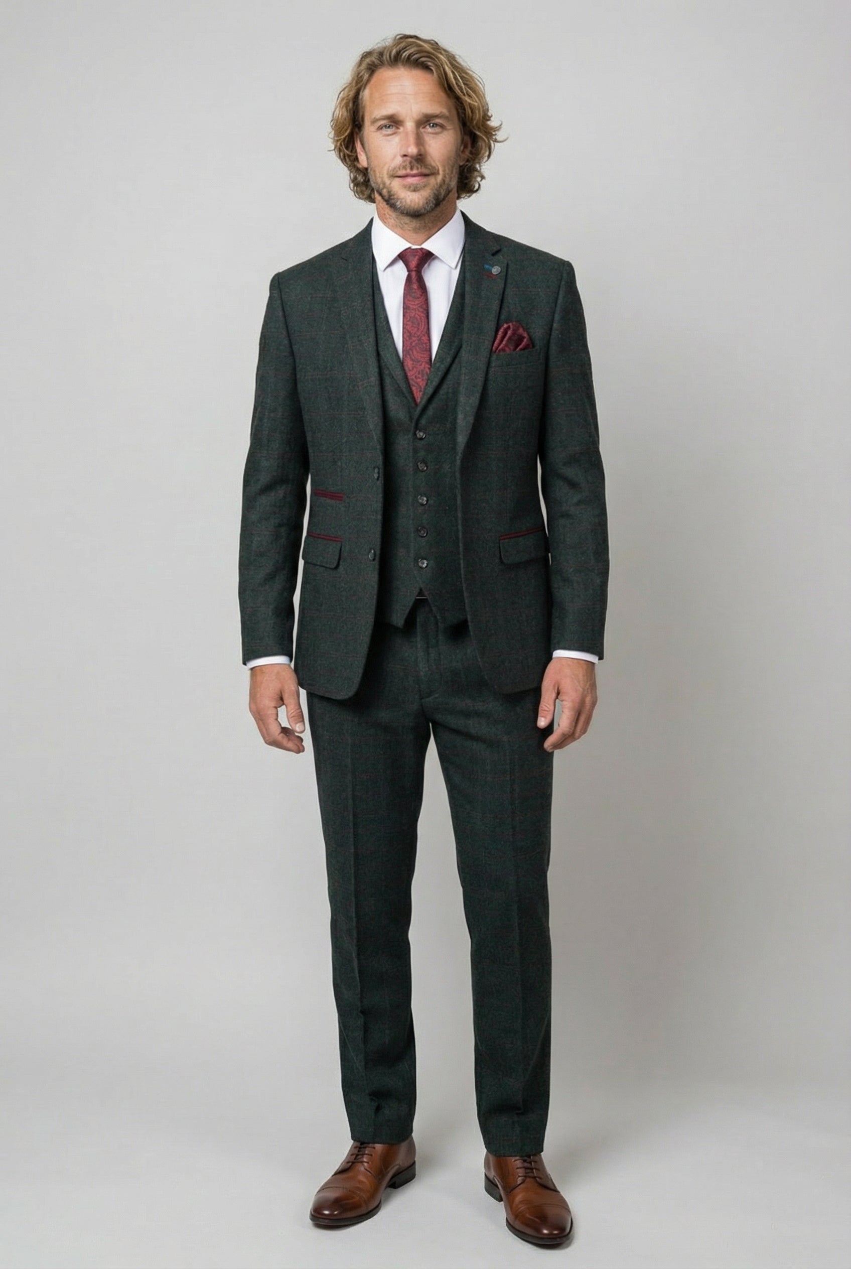 Father & Son Matching Windowpane Check Wool Tweed 3-Piece Suit Set - Joshua - Dark Green