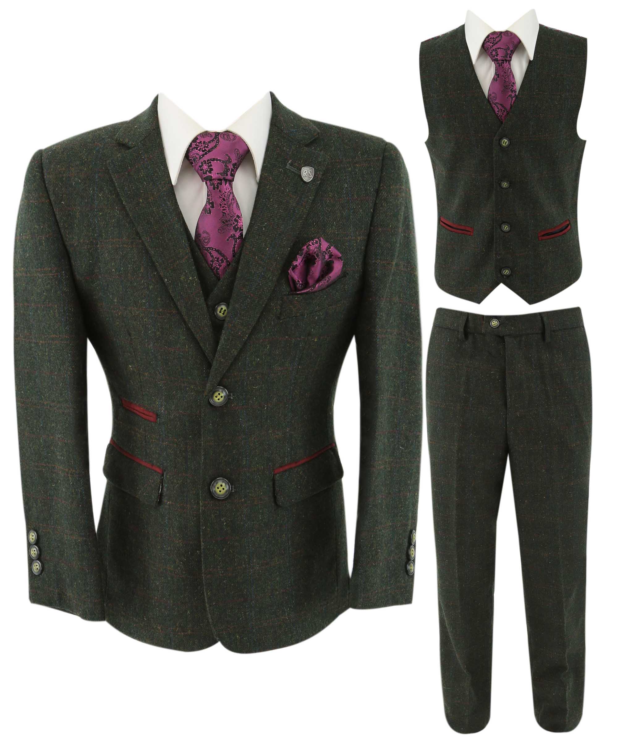 Father & Son Matching Windowpane Check Wool Tweed 3-Piece Suit Set - Joshua - Dark Green