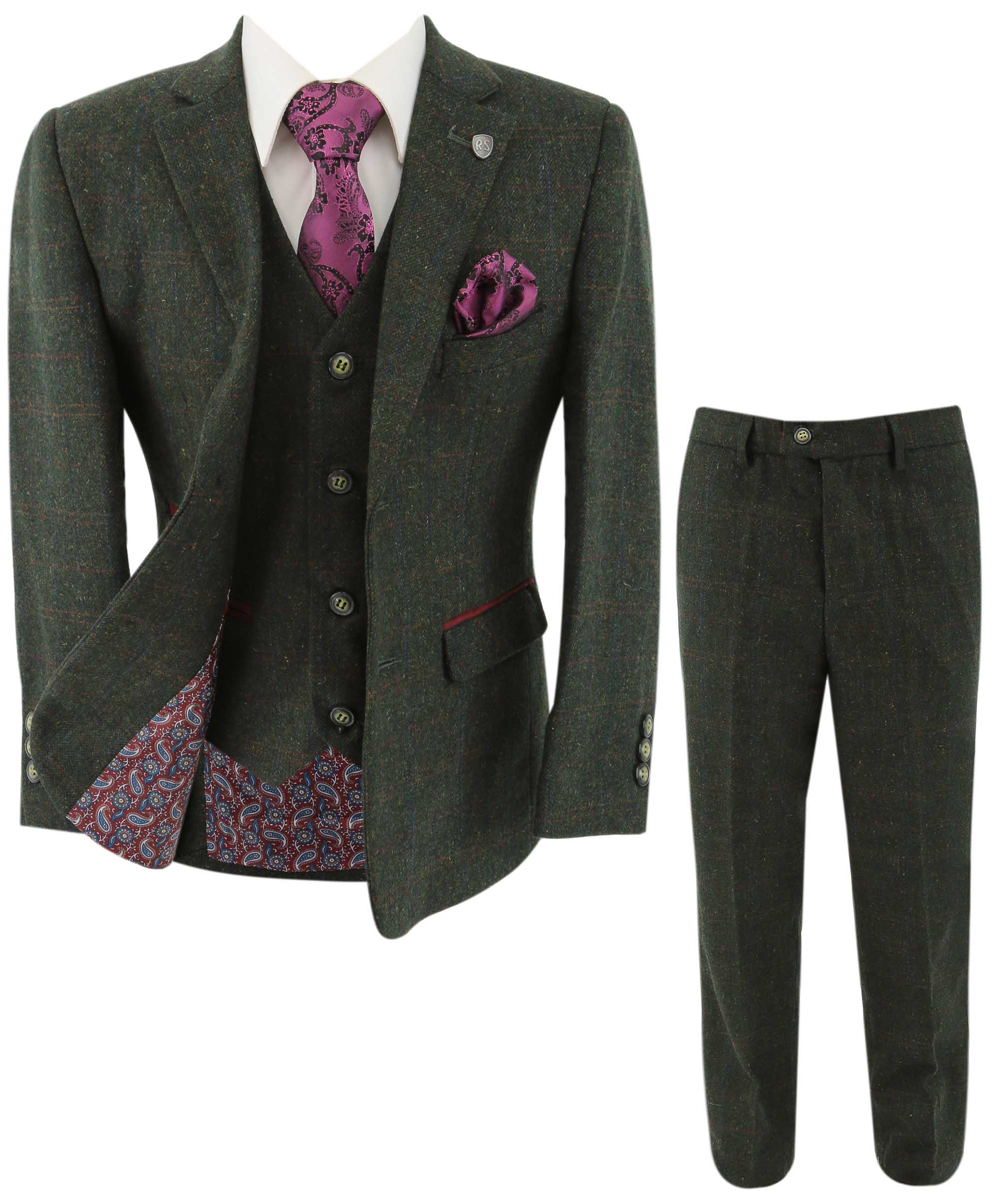 Father & Son Matching Windowpane Check Wool Tweed 3-Piece Suit Set - Joshua - Dark Green