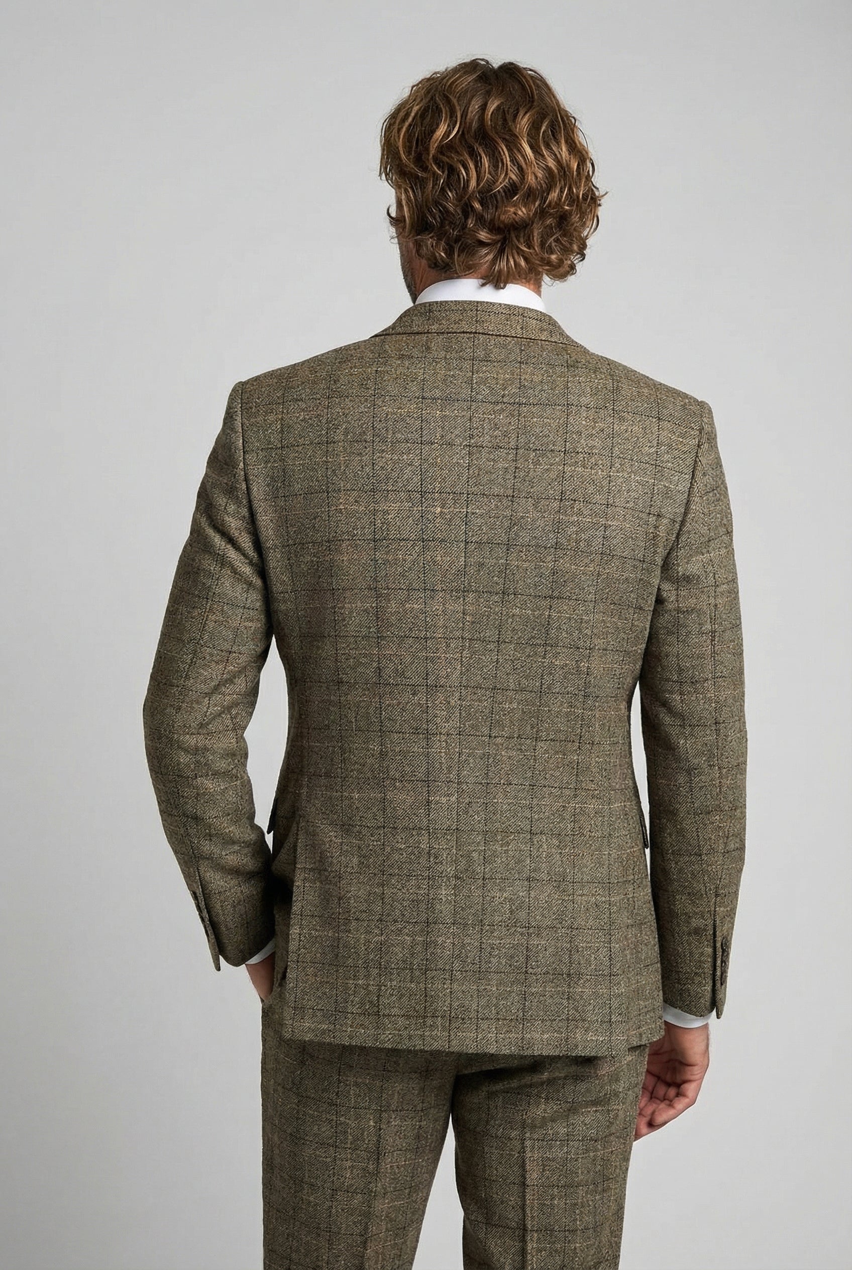 Father & Son Matching Windowpane Check Wool Tweed 3-Piece Suit Set - Liam Beige