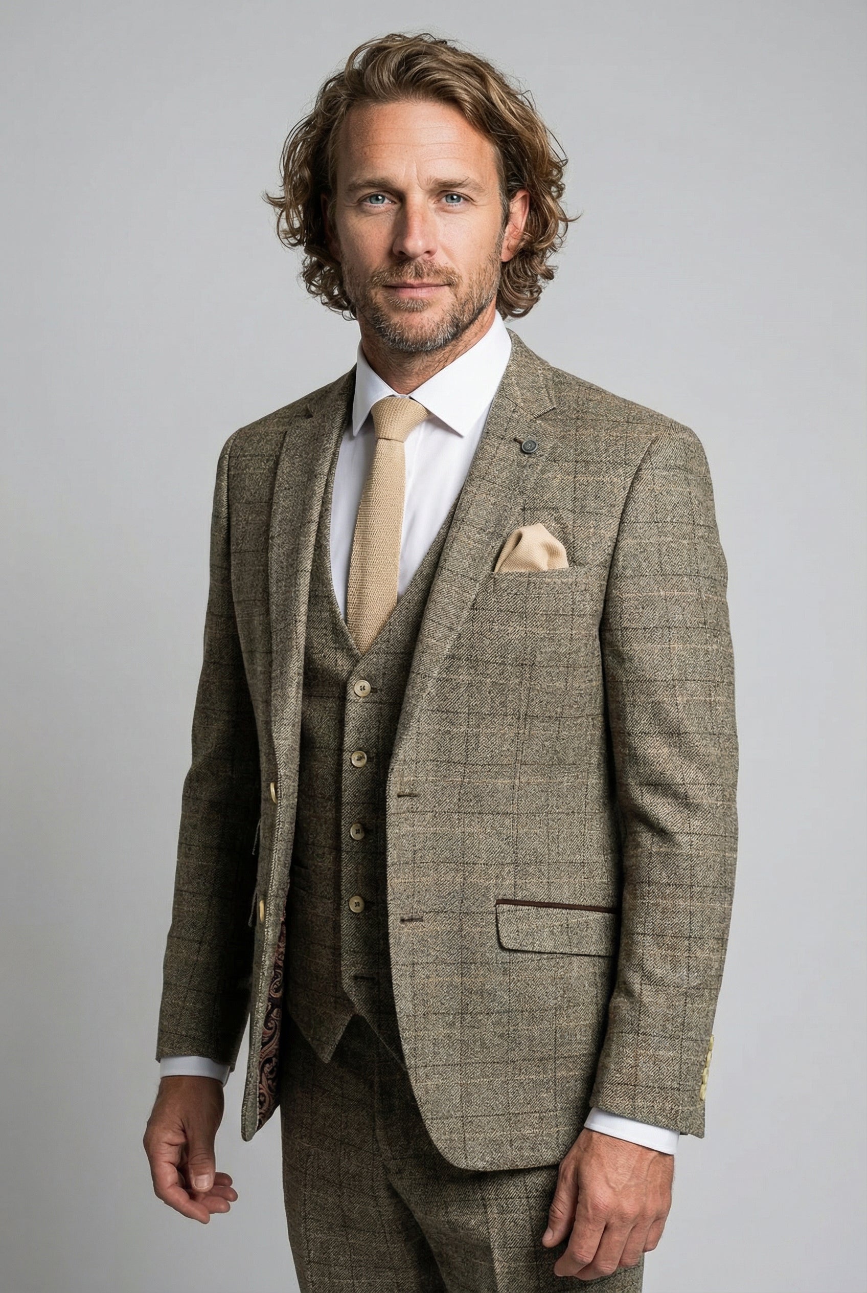 Father & Son Matching Windowpane Check Wool Tweed 3-Piece Suit Set - Liam Beige