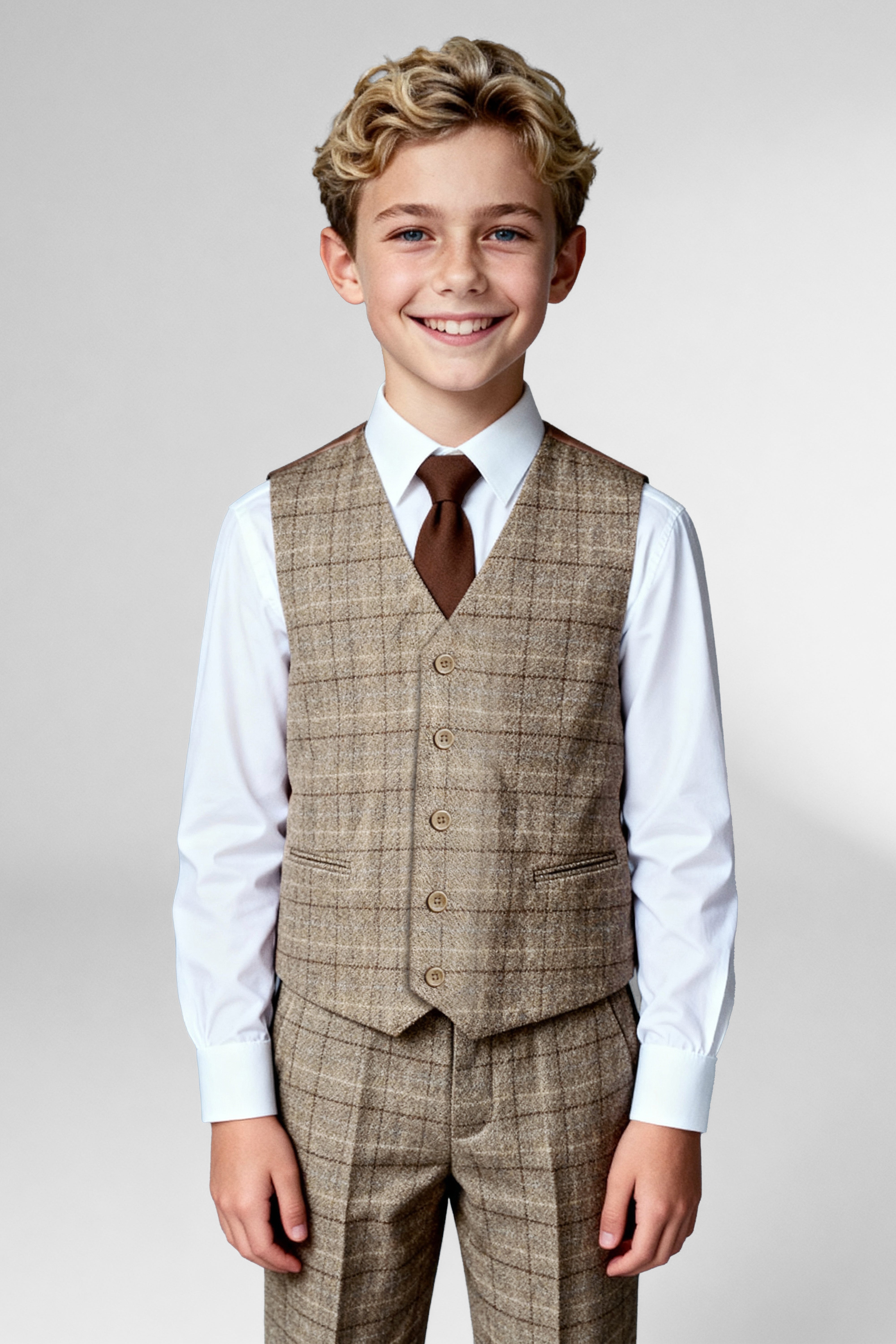 Father & Son Matching Windowpane Check Wool Tweed 3-Piece Suit Set - Liam Beige