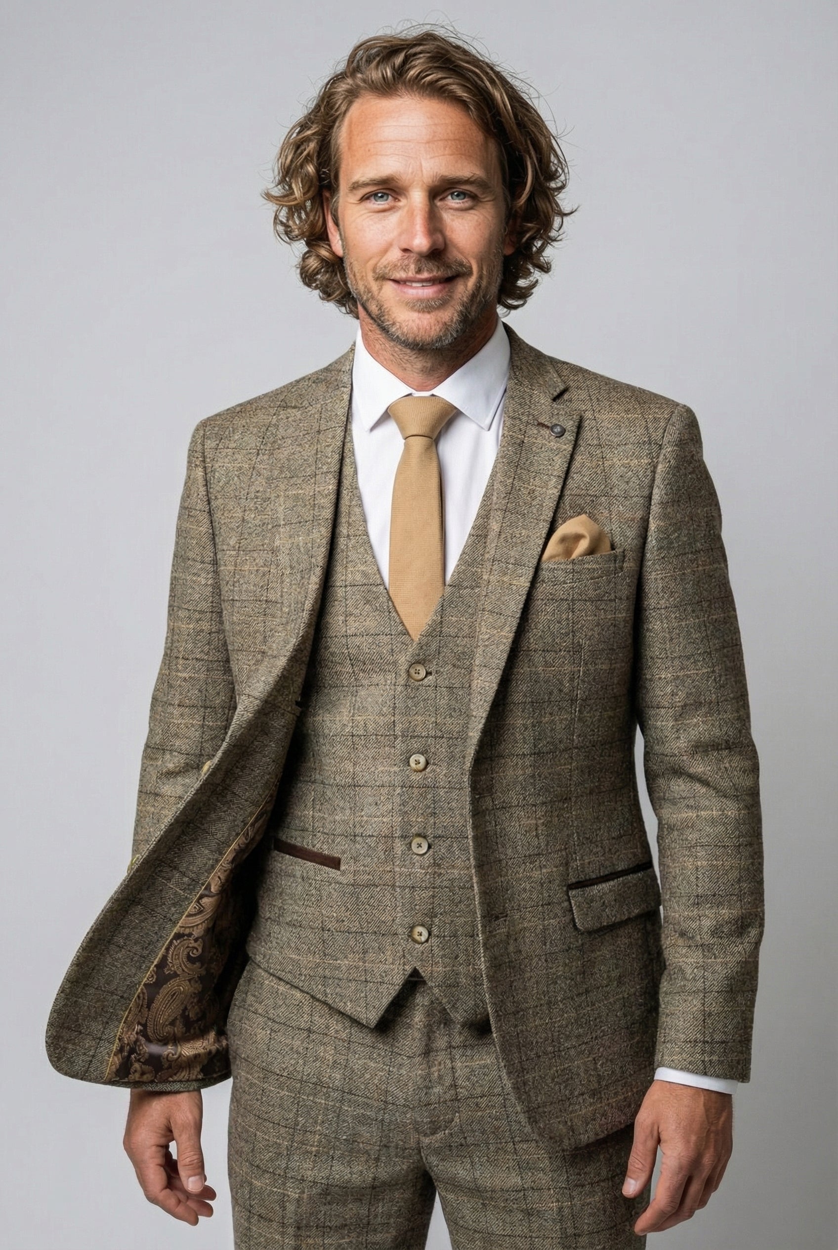 Father & Son Matching Windowpane Check Wool Tweed 3-Piece Suit Set - Liam Beige