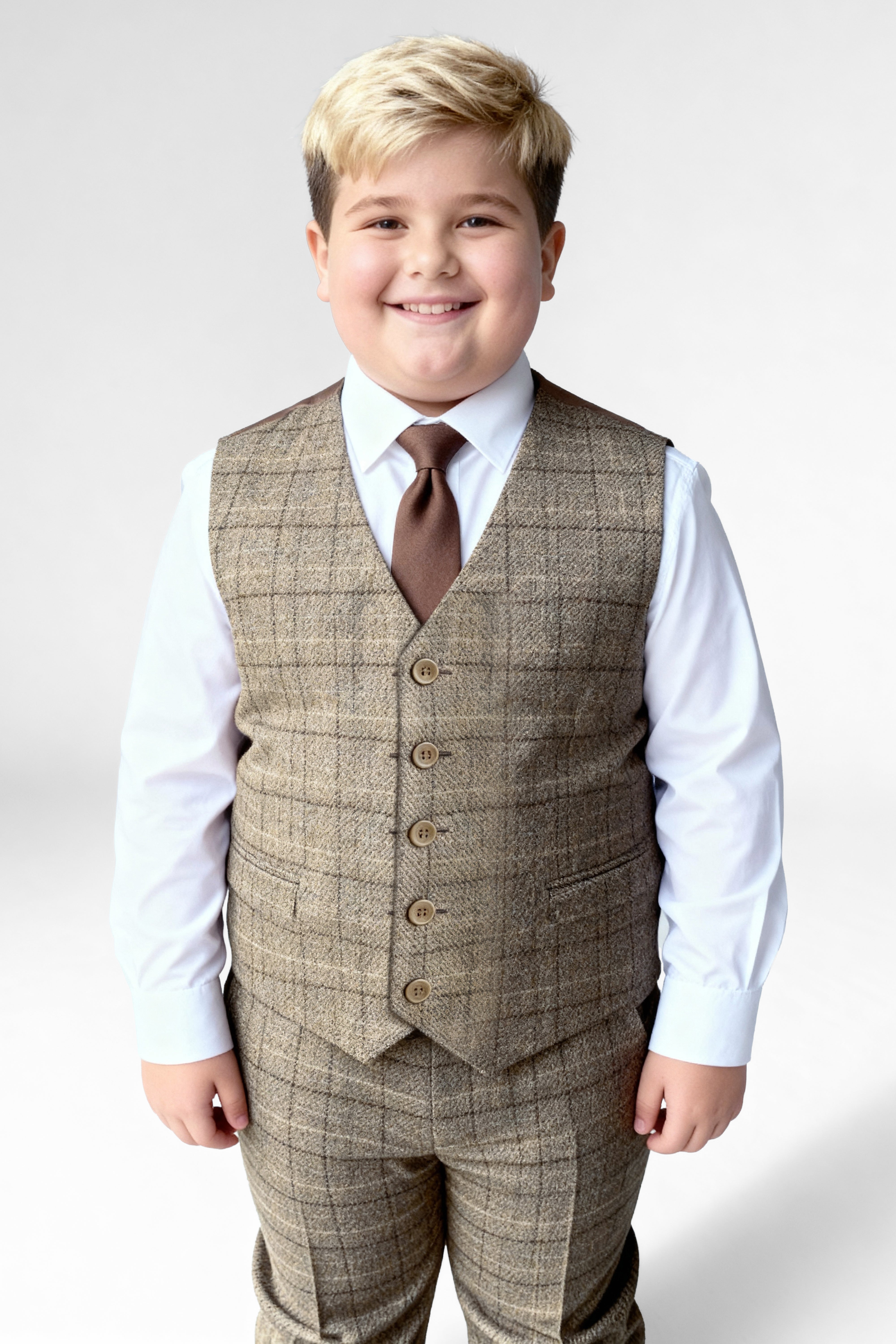 Father & Son Matching Windowpane Check Wool Tweed 3-Piece Suit Set - Liam Beige