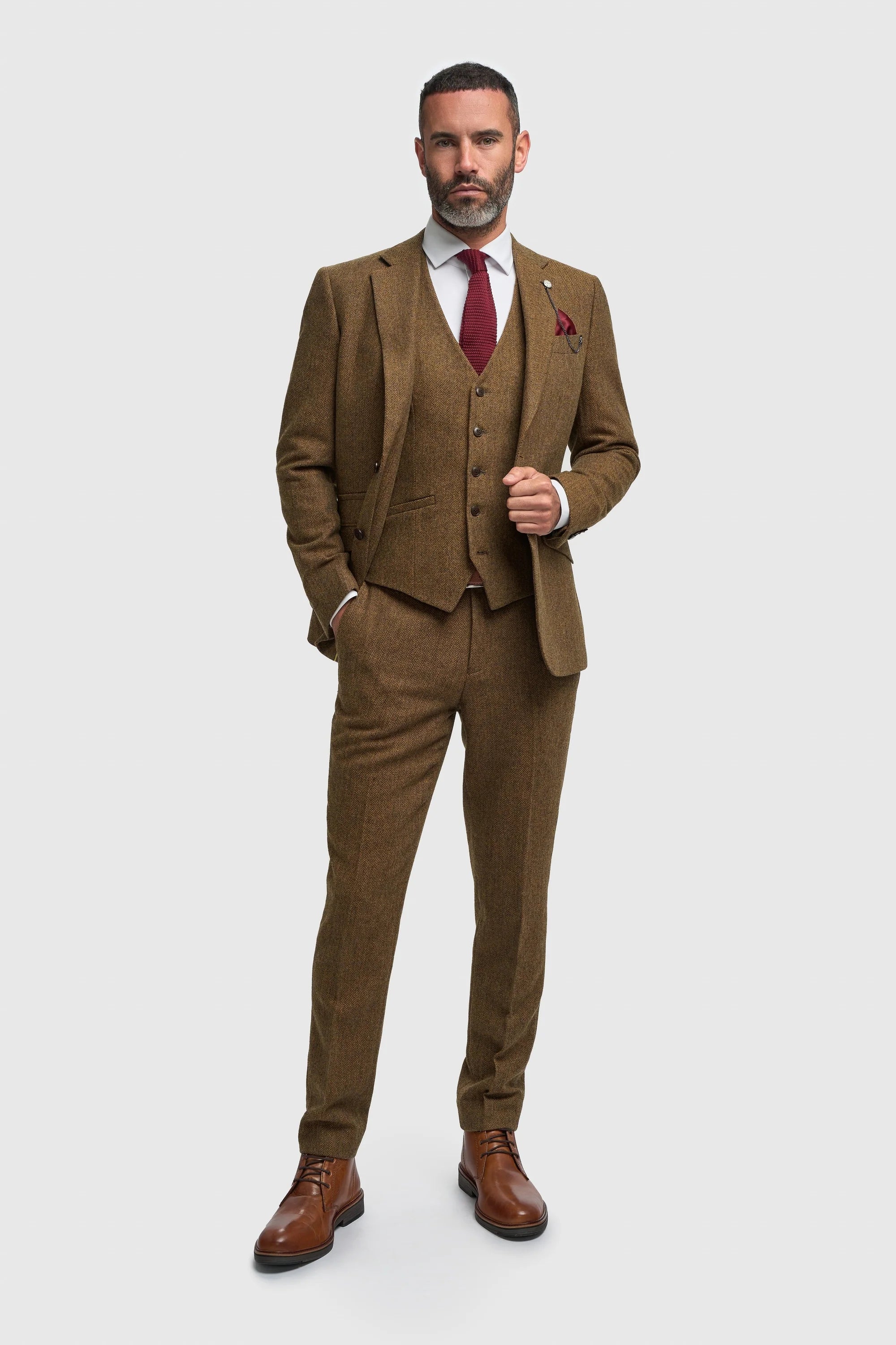 Father & Son Matching Wool Herringbone 3-Piece Suit Set - Thomas - Brown