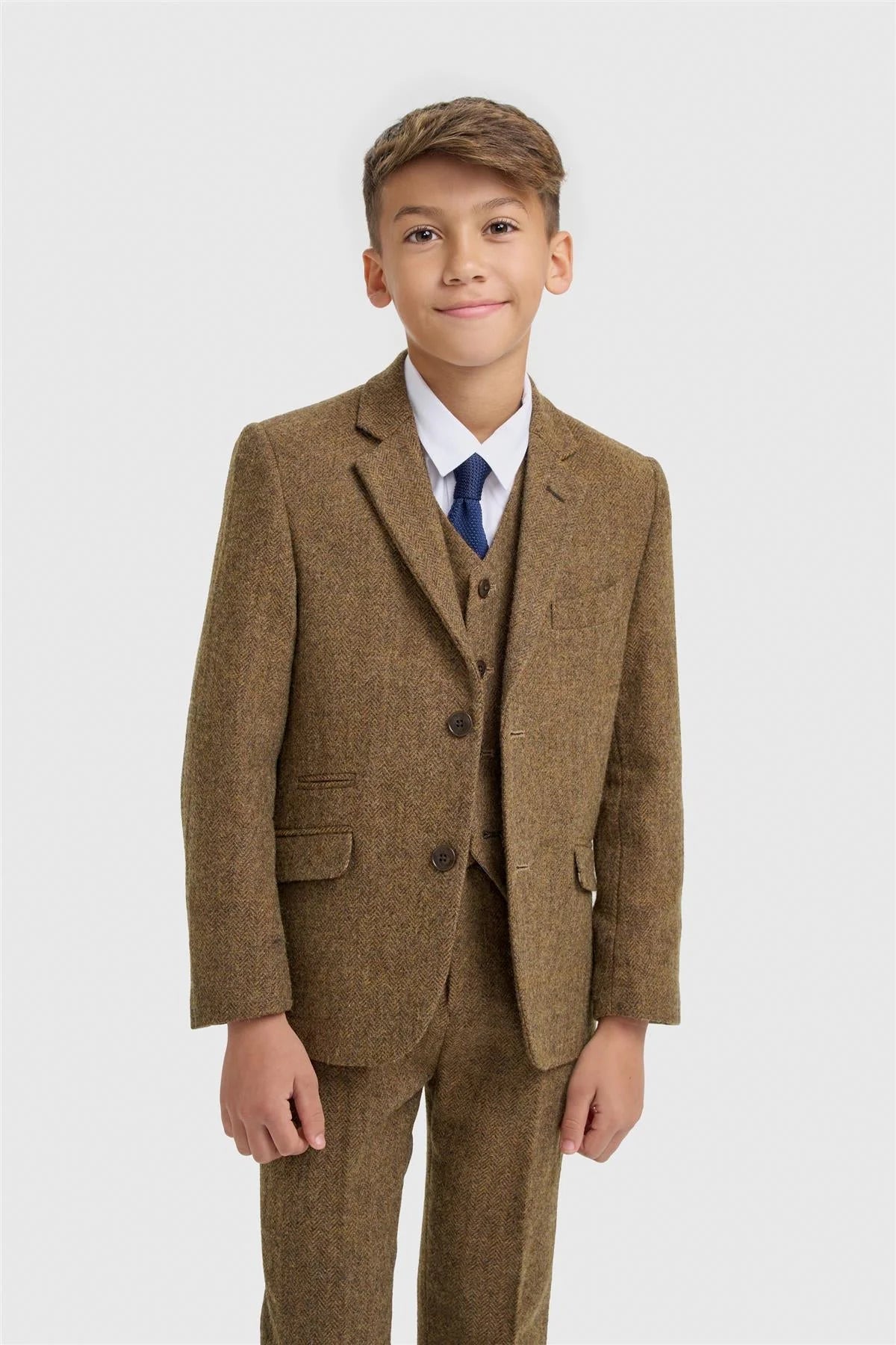 Father & Son Matching Wool Herringbone 3-Piece Suit Set - Thomas - Brown