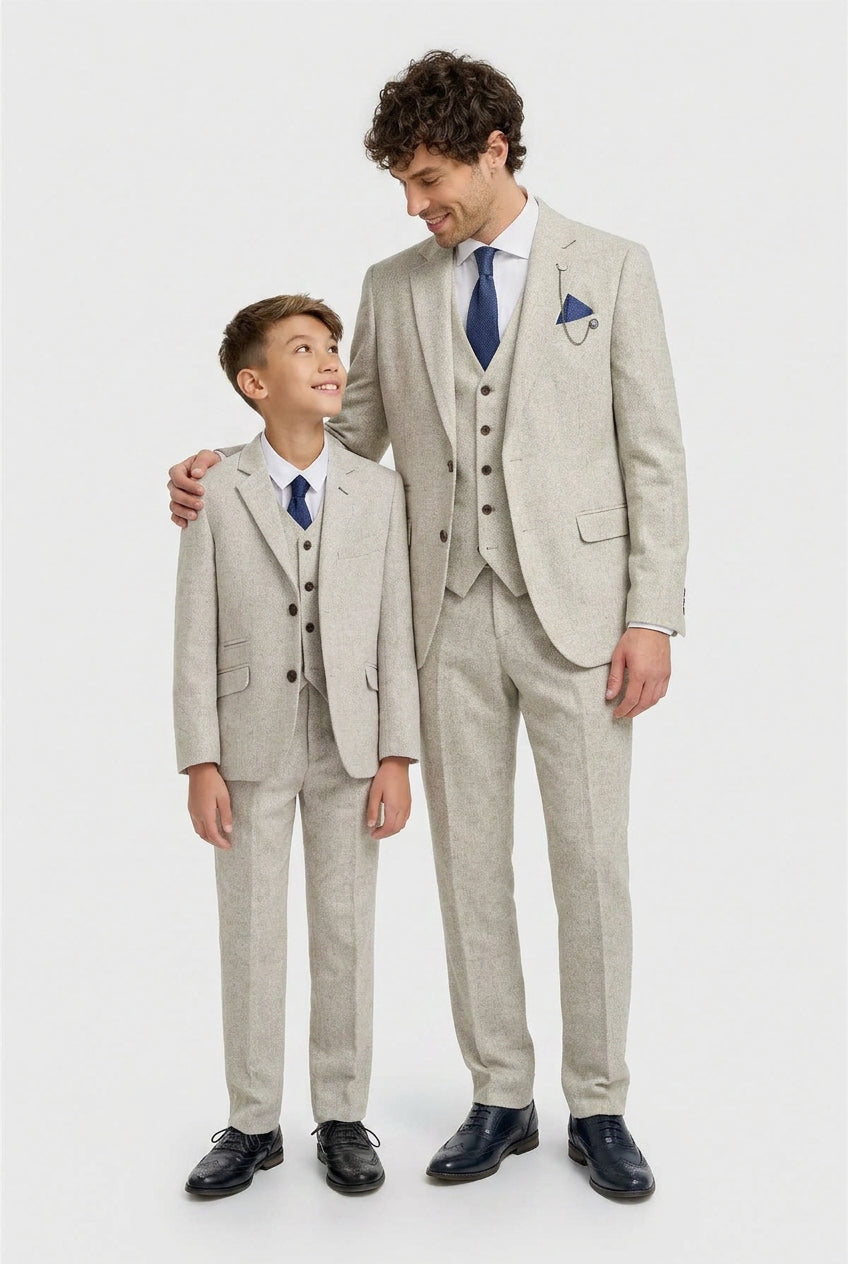 Father & Son Matching Wool Herringbone 3-Piece Suit Set - Thomas - Pearl Grey