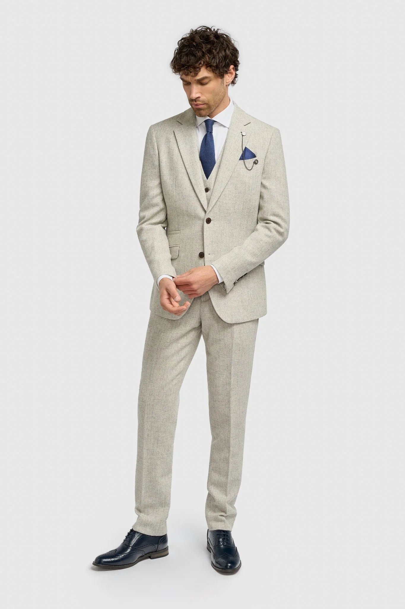 Father & Son Matching Wool Herringbone 3-Piece Suit Set - Thomas - Pearl Grey