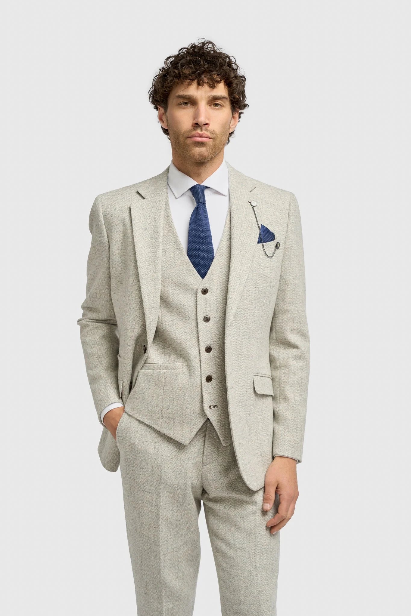 Father & Son Matching Wool Herringbone 3-Piece Suit Set - Thomas - Pearl Grey