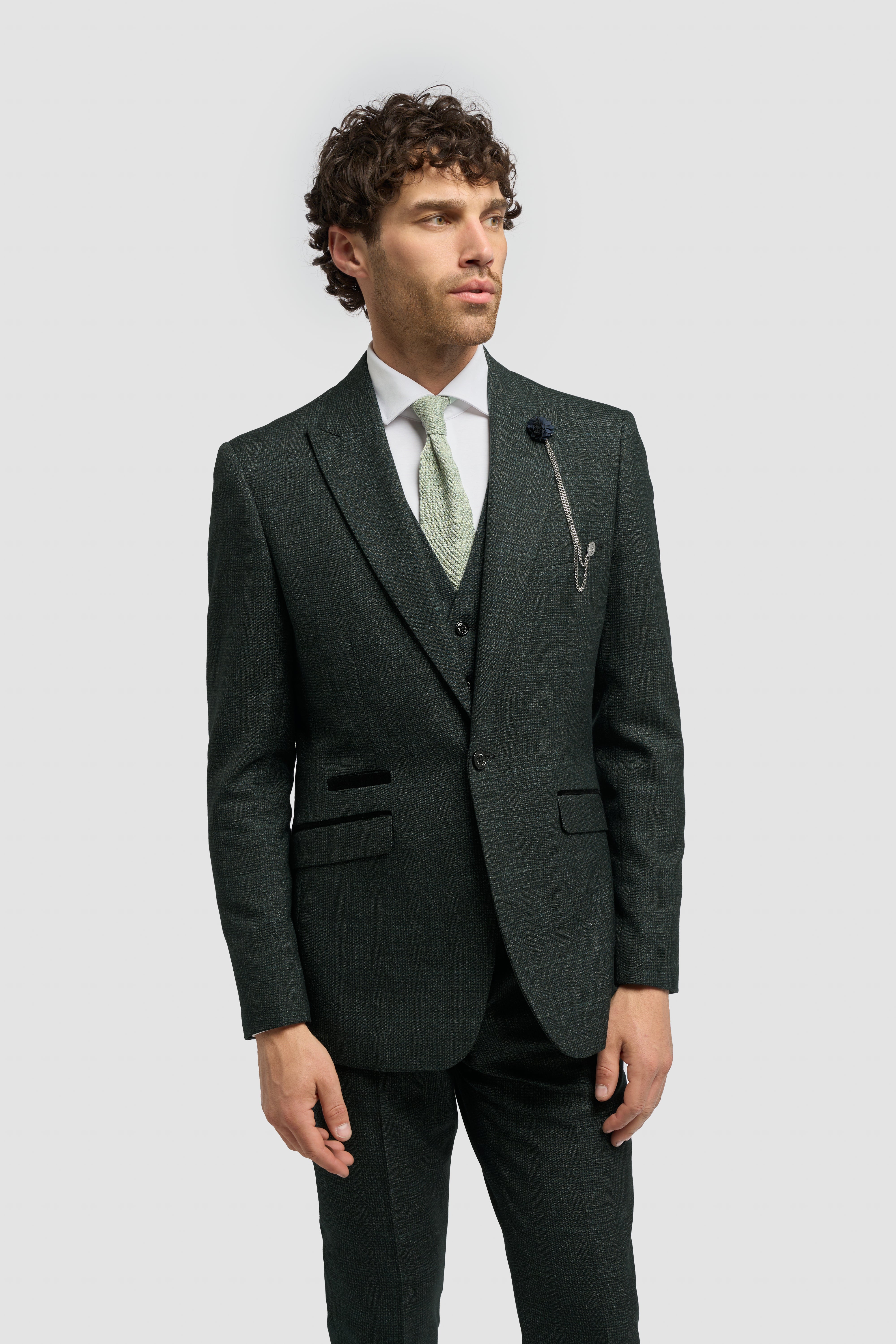 Father & Son Matching Glen Check Wool Tweed 3-Piece Suit Set - Caridi Olive Green