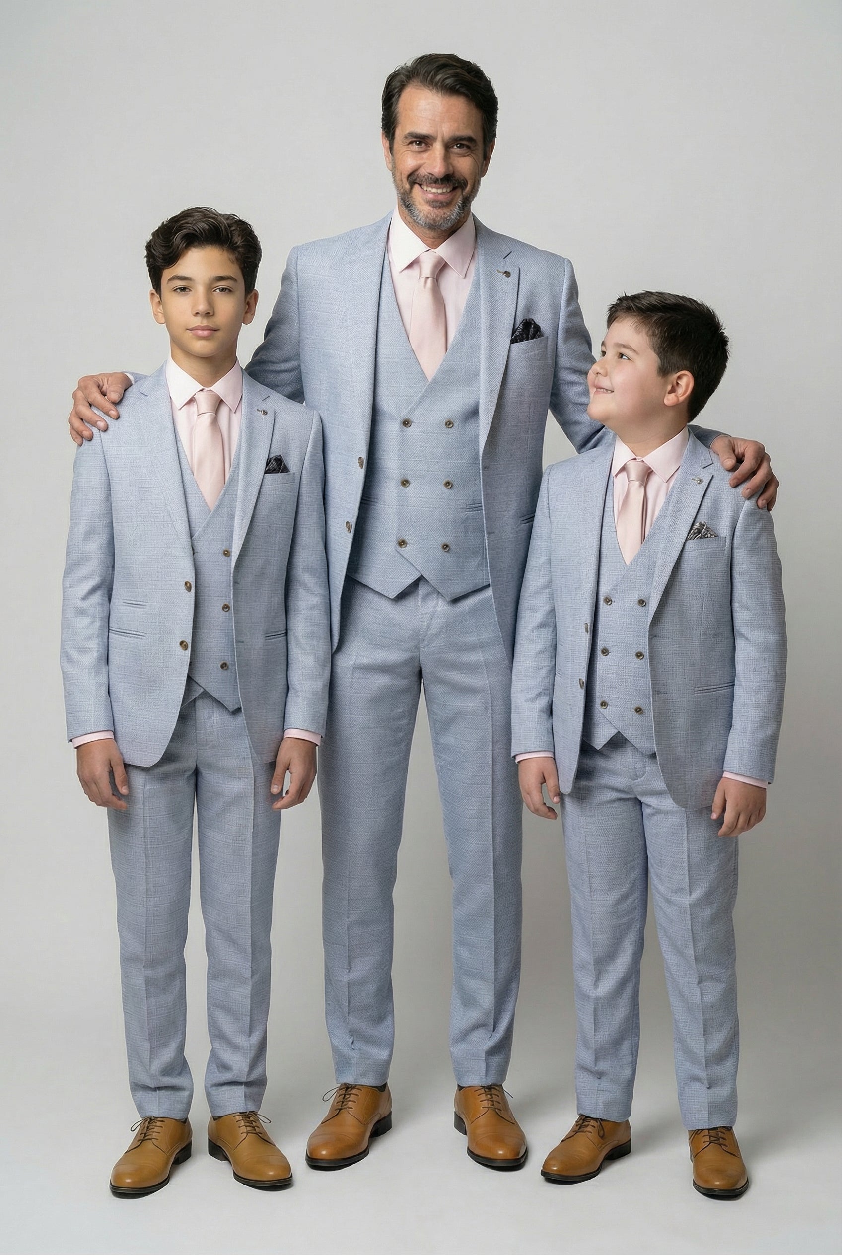 Father & Son Matching Glen Check Wool Tweed 3-Piece Suit Set - Luis Light Blue