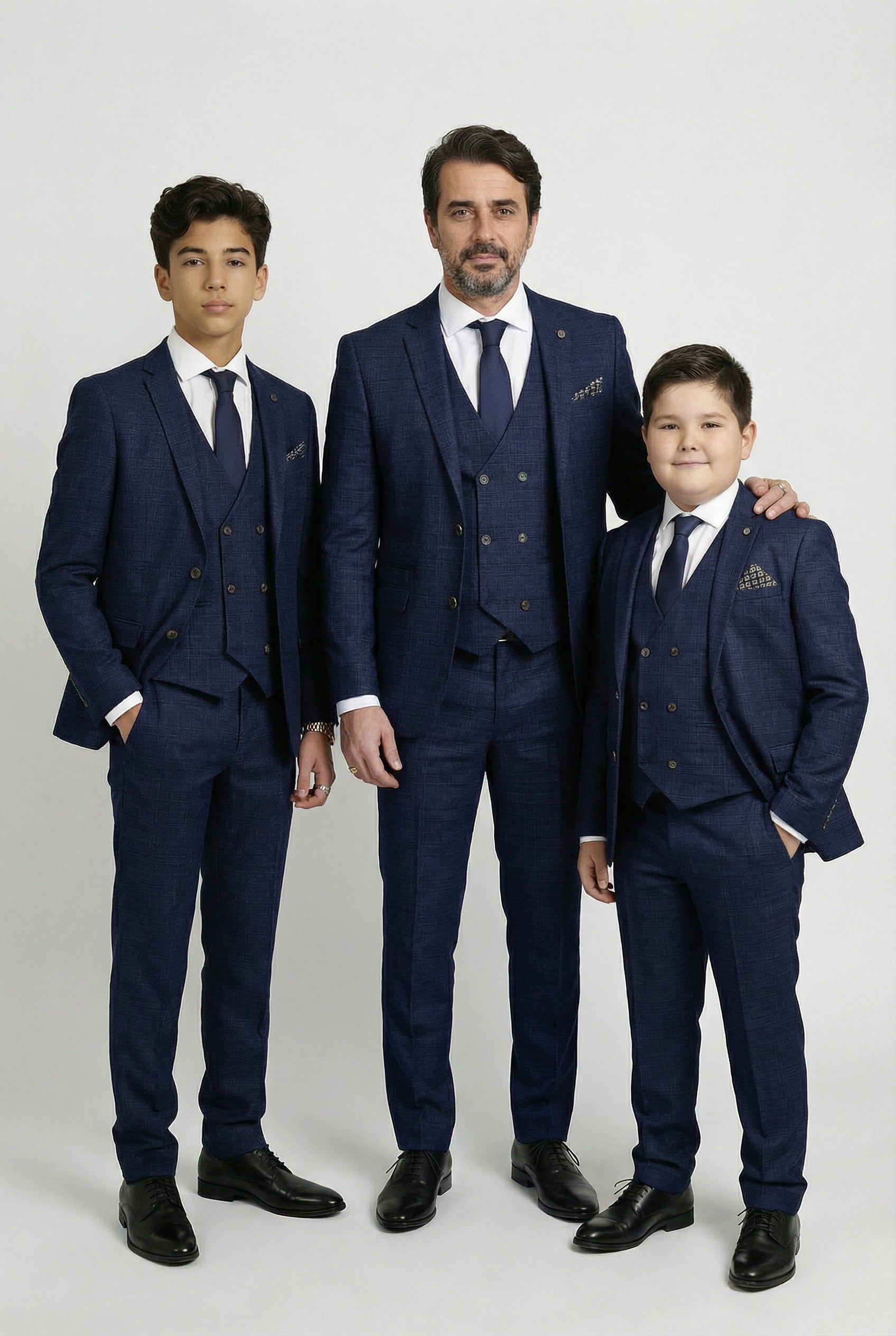 Father & Son Matching Glen Check Wool Tweed 3-Piece Suit Set - Luis Navy