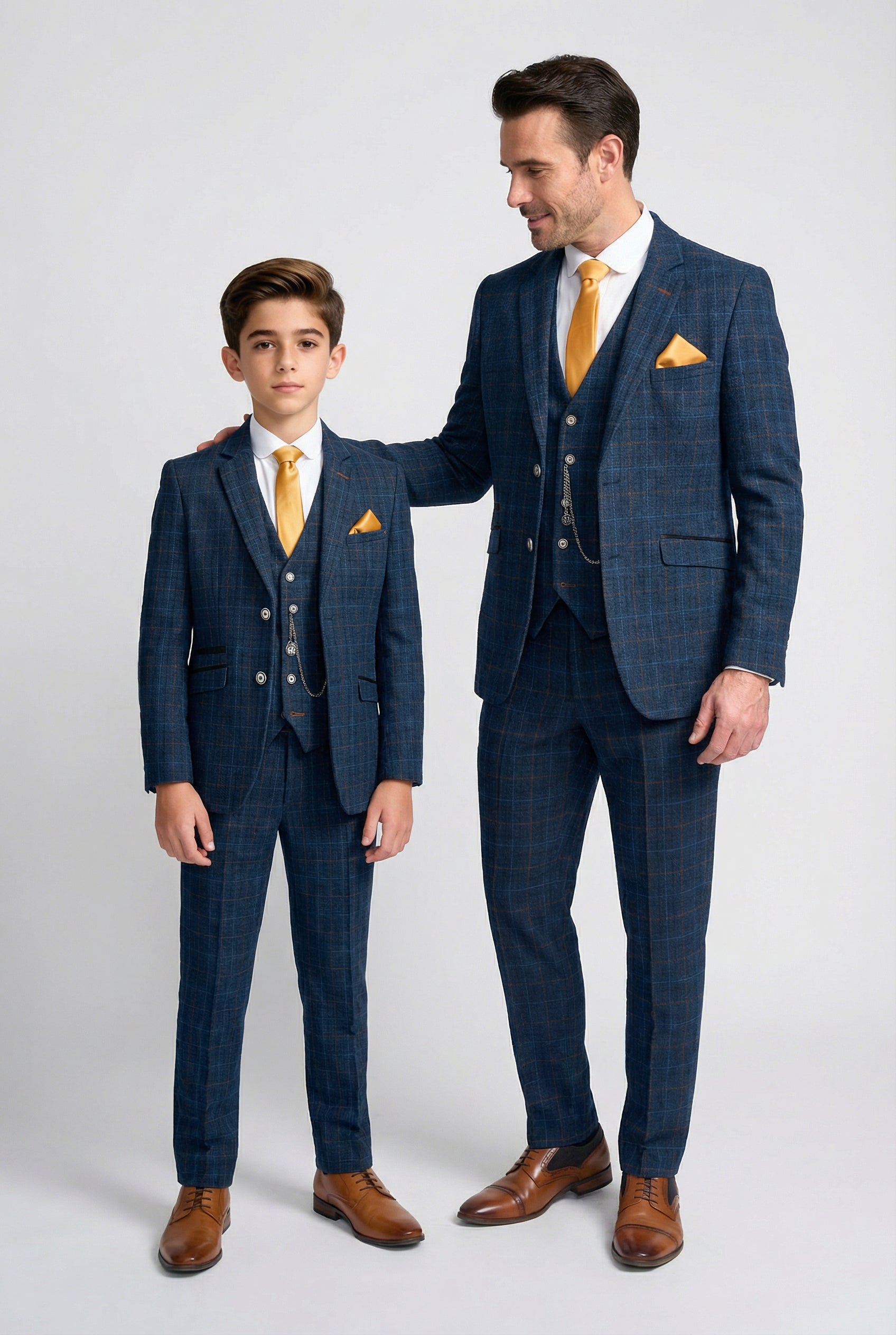 Father & Son Matching Herringbone Windowpane Check 3-Piece Suit Set - Cody Blue