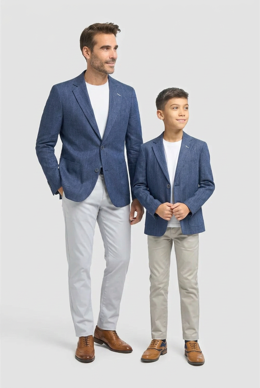 Father & Son Matching Linen Herringbone Blazer – Navy Blue