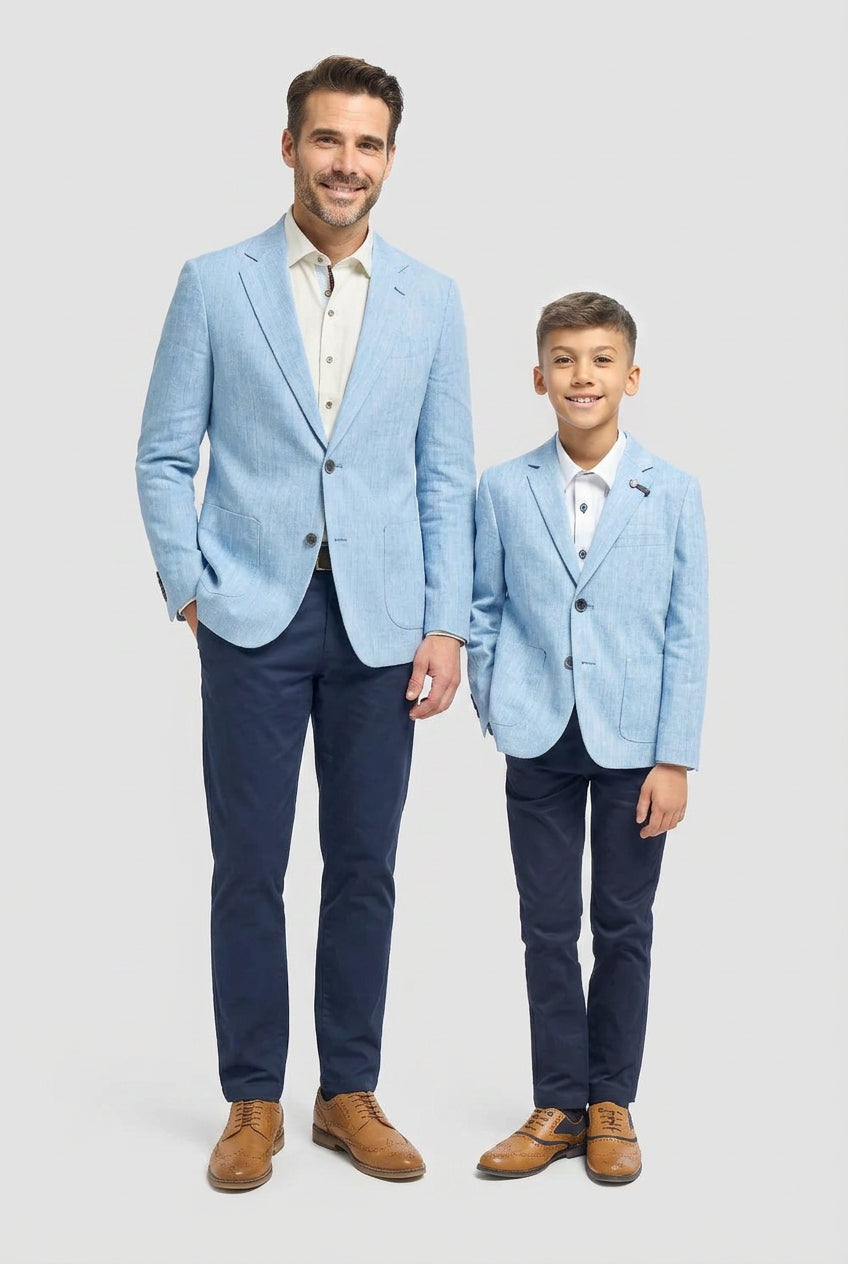 Father & Son Matching Linen Herringbone Blazer – Sky Blue