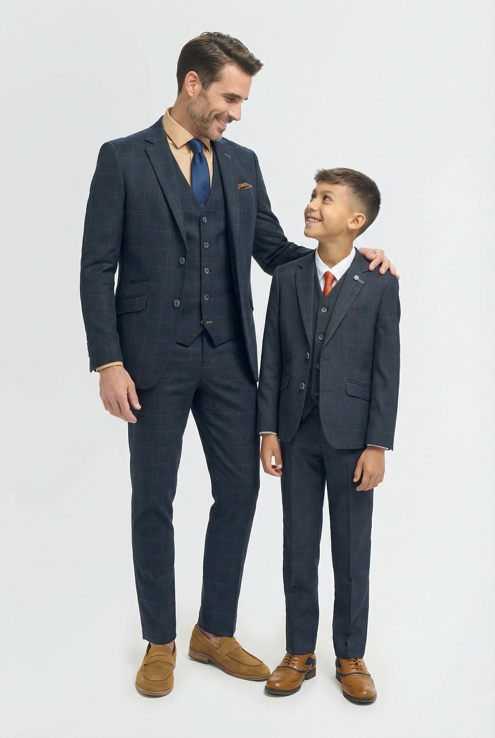 Father & Son Matching Windowpane Check 3-Piece Suit Set - Torino Navy