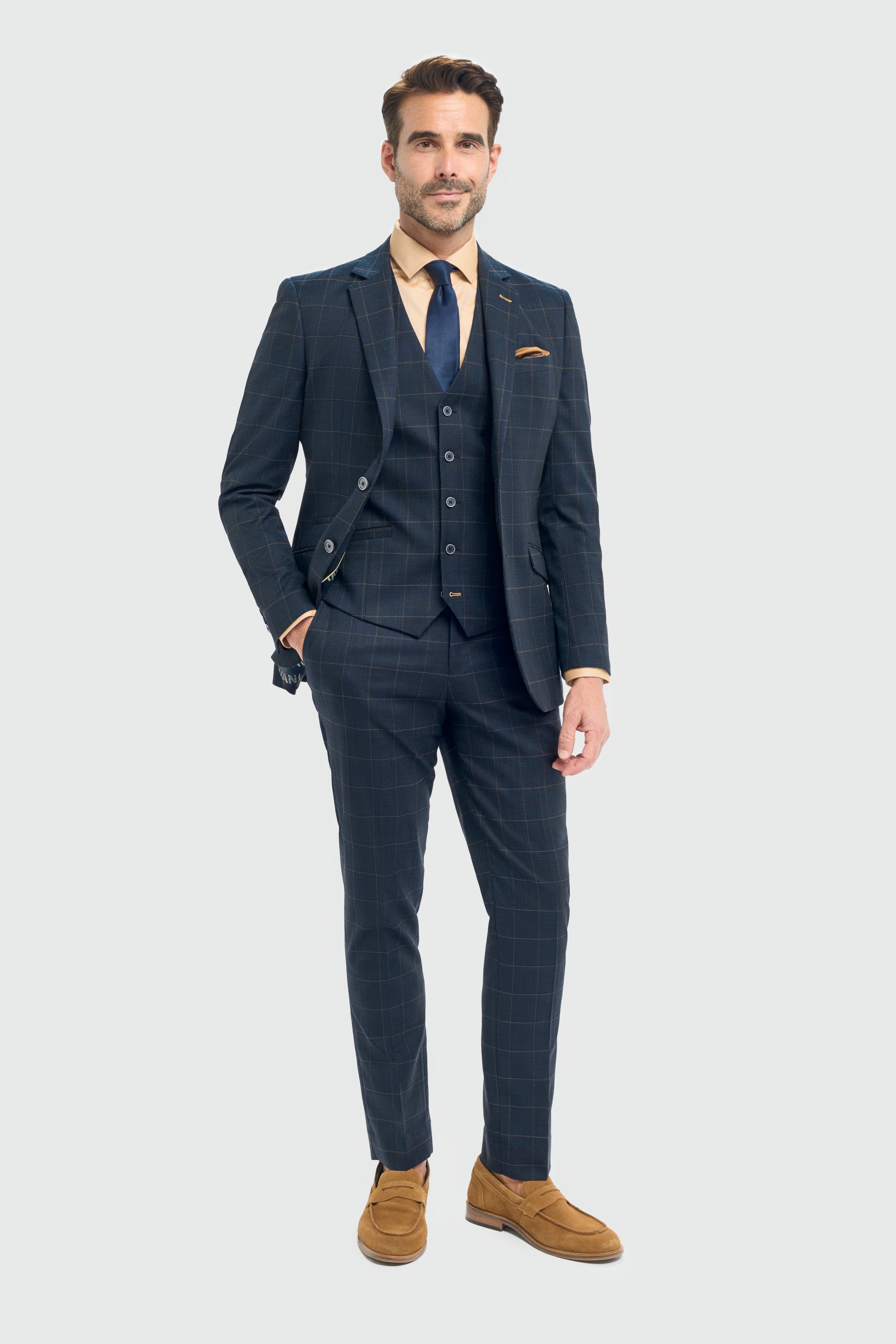 Father & Son Matching Windowpane Check 3-Piece Suit Set - Torino Navy