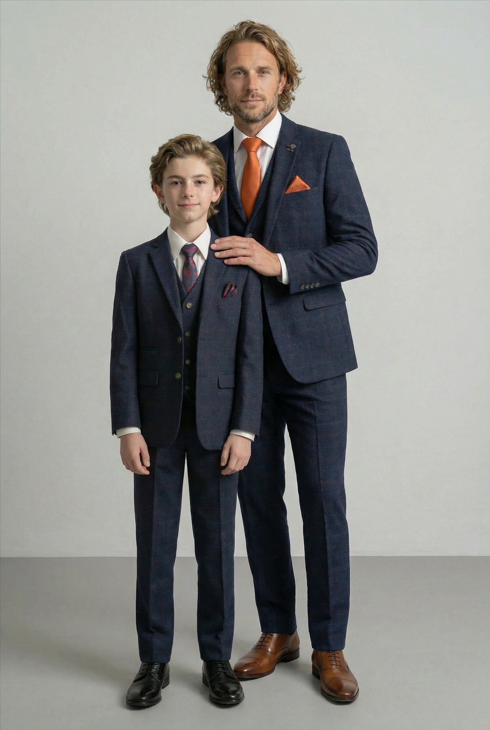 Father & Son Matching Windowpane Check Wool Tweed 3-Piece Suit Set - Ryan Navy